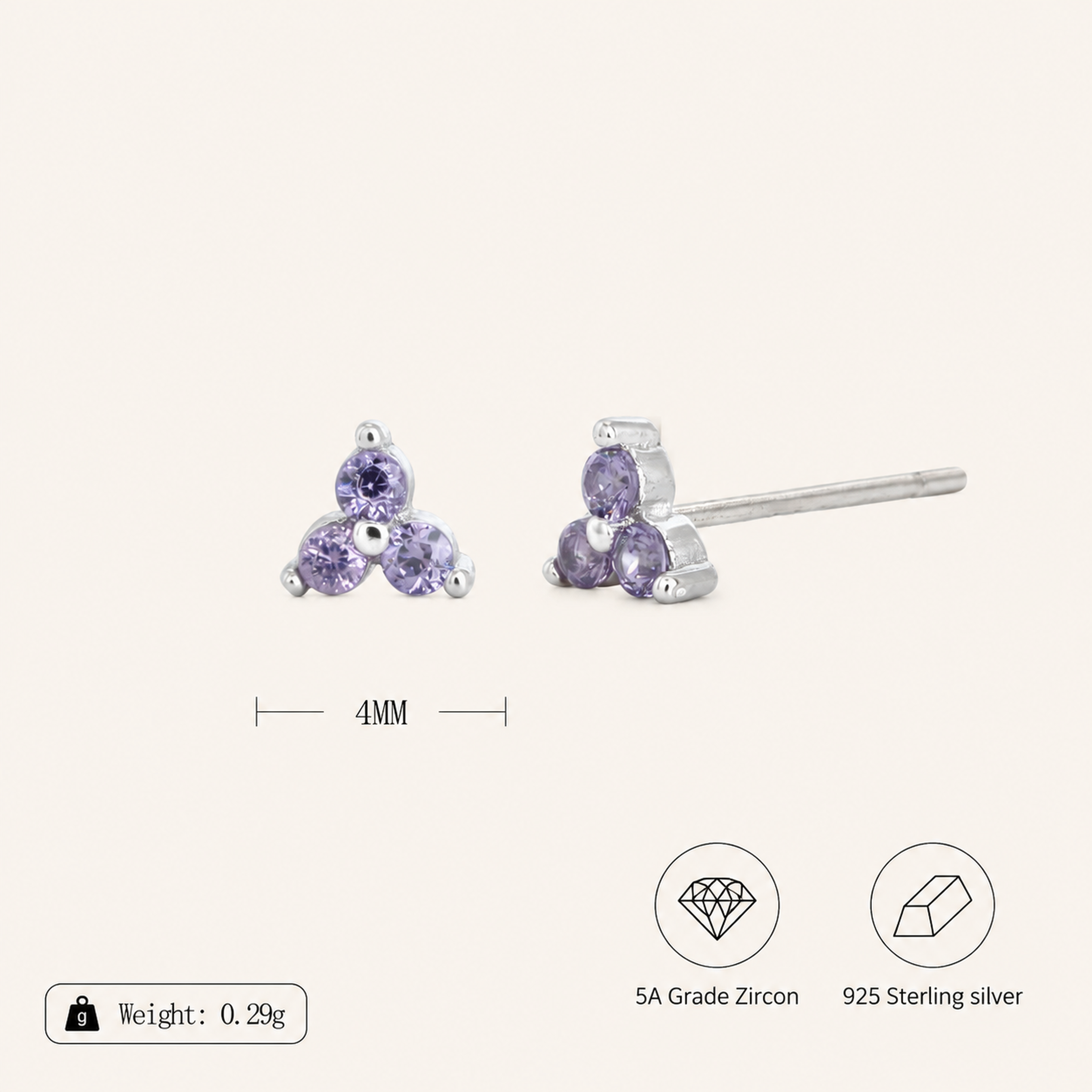 Sterling Silver Triangle Zirconia Stud Earrings - Platinum / Purple Zircon