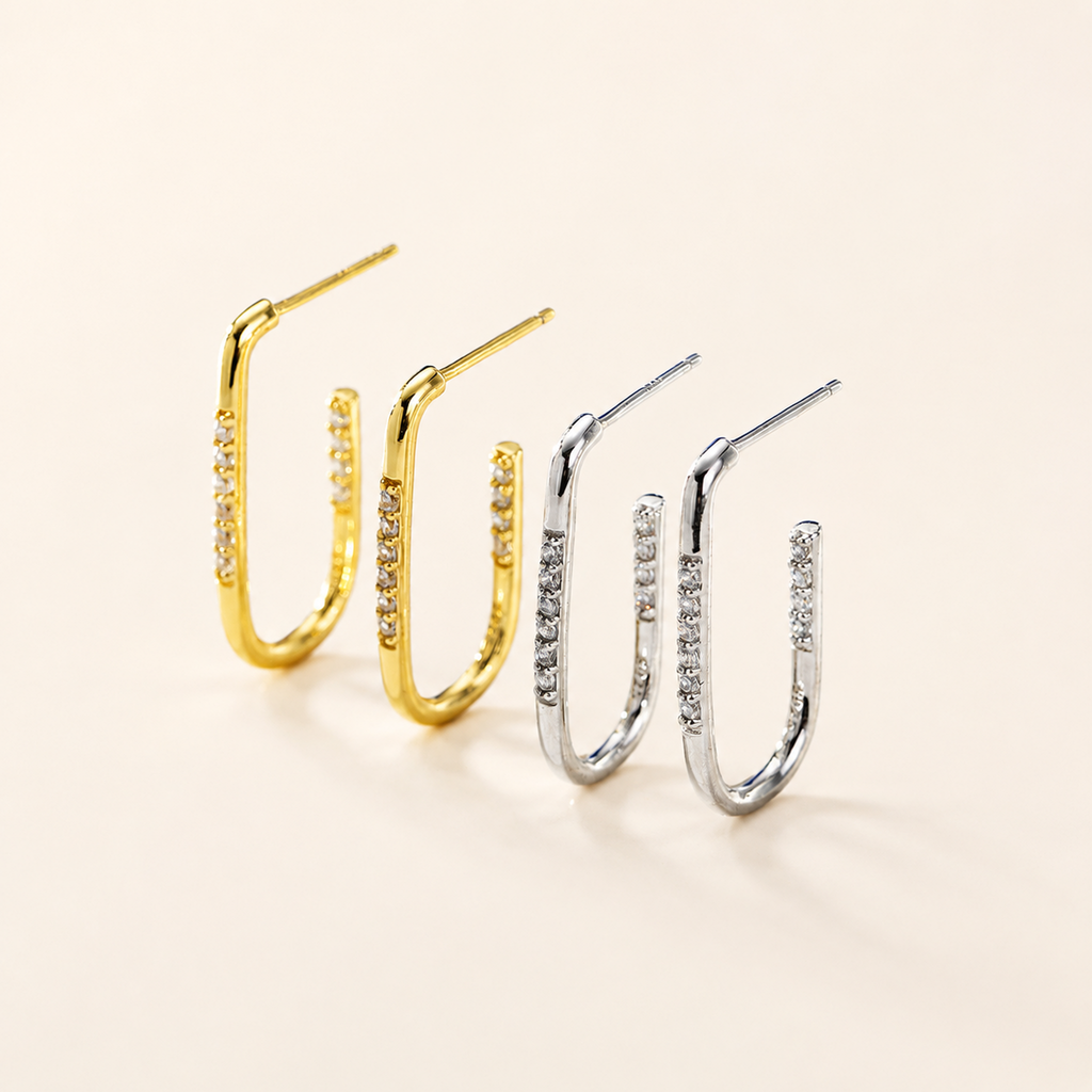 Sterling Silver Geometric U-Shape Zirconia Stud Earrings detail