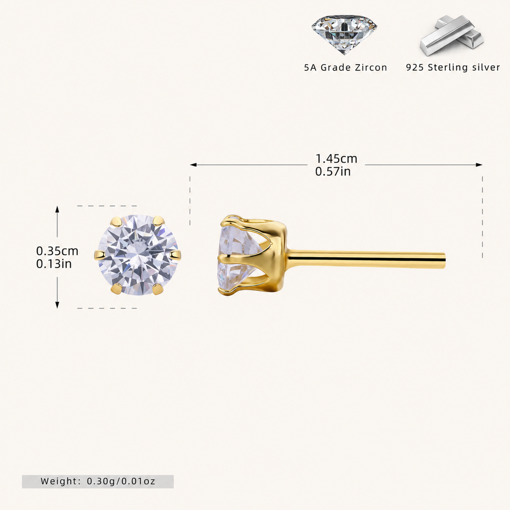 Sterling Silver Six-Prong Zirconia Stud Earrings - Gold / 4mm