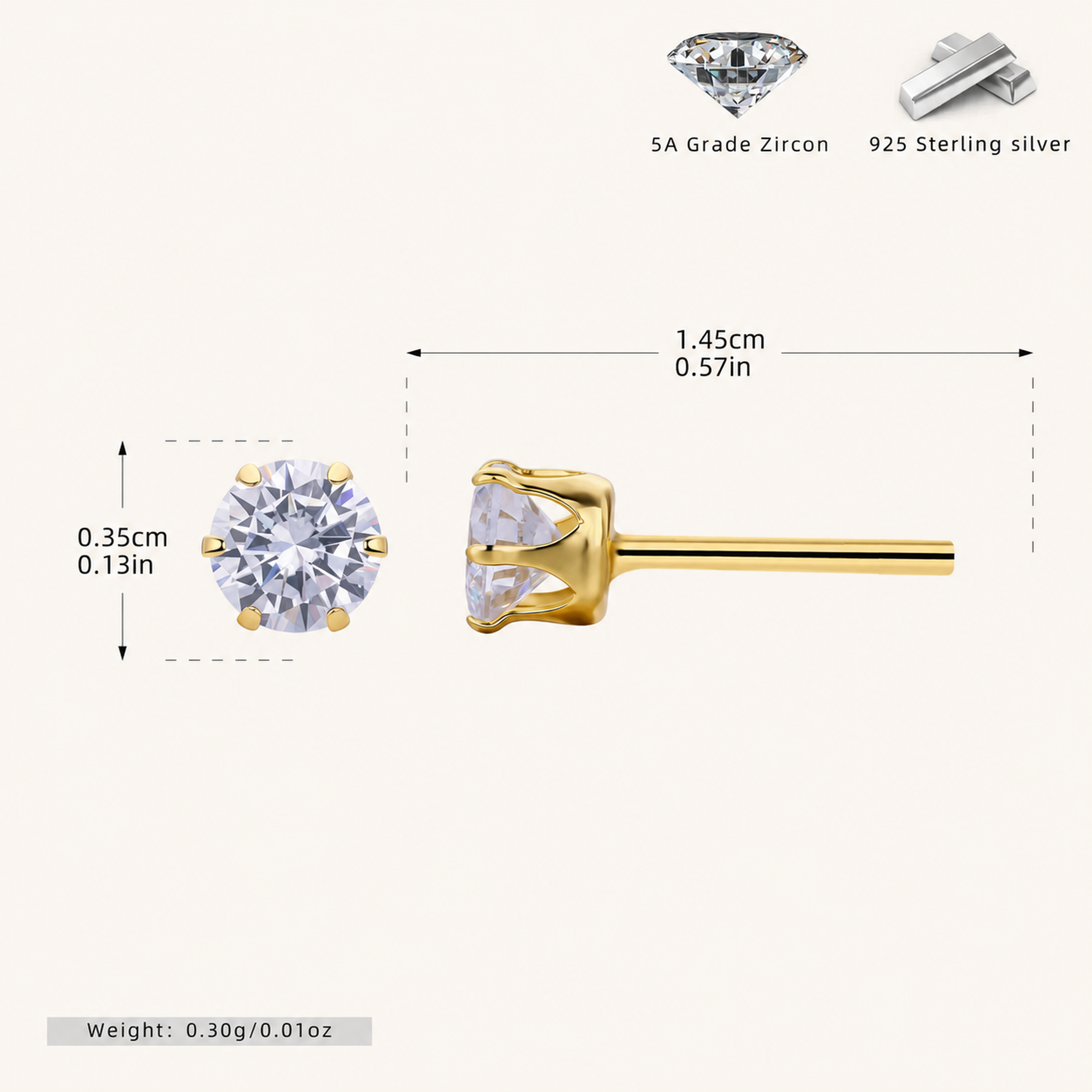Sterling Silver Six-Prong Zirconia Stud Earrings - Gold / 4mm