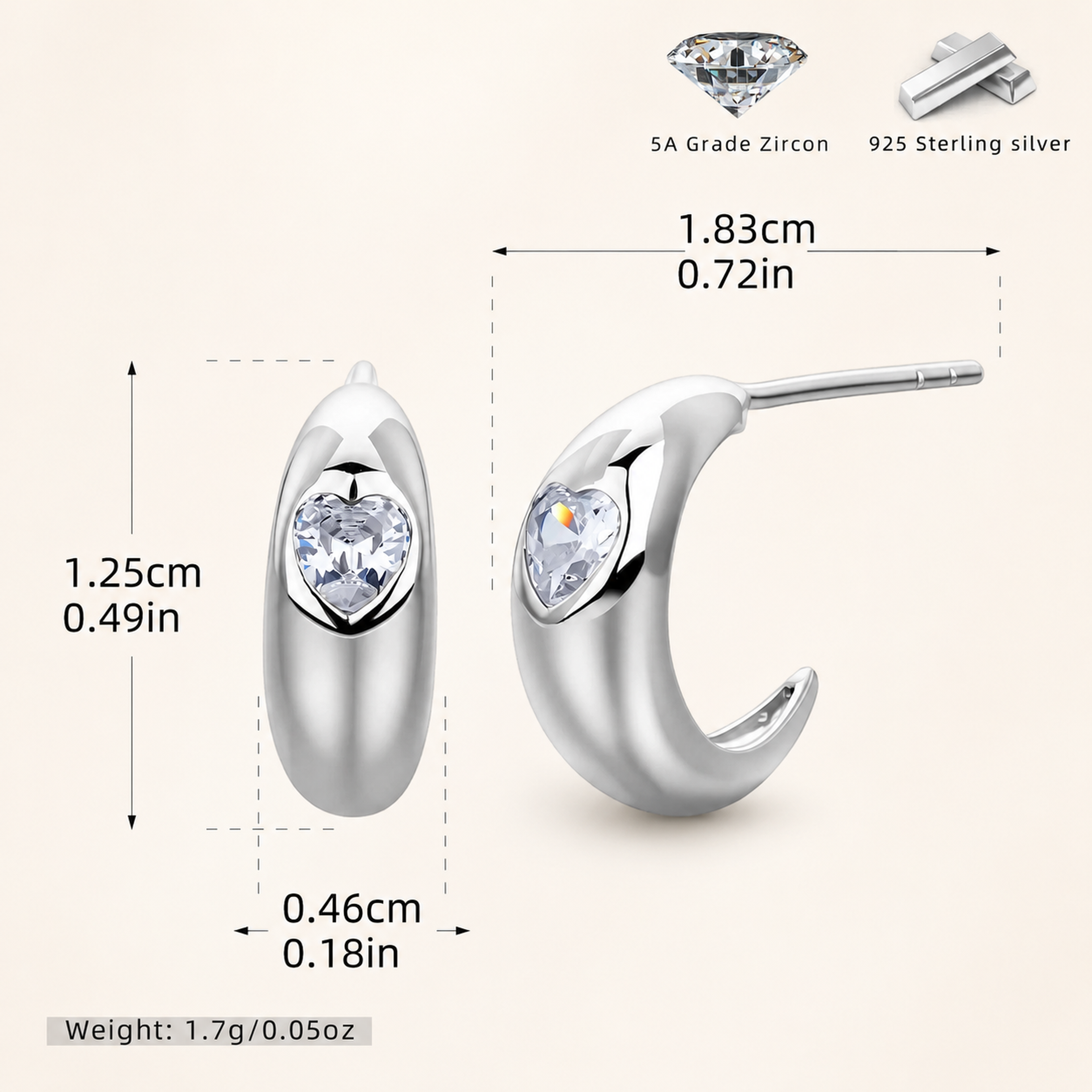 Sterling Silver Zirconia Crescent Moon Stud Earrings - Platinum