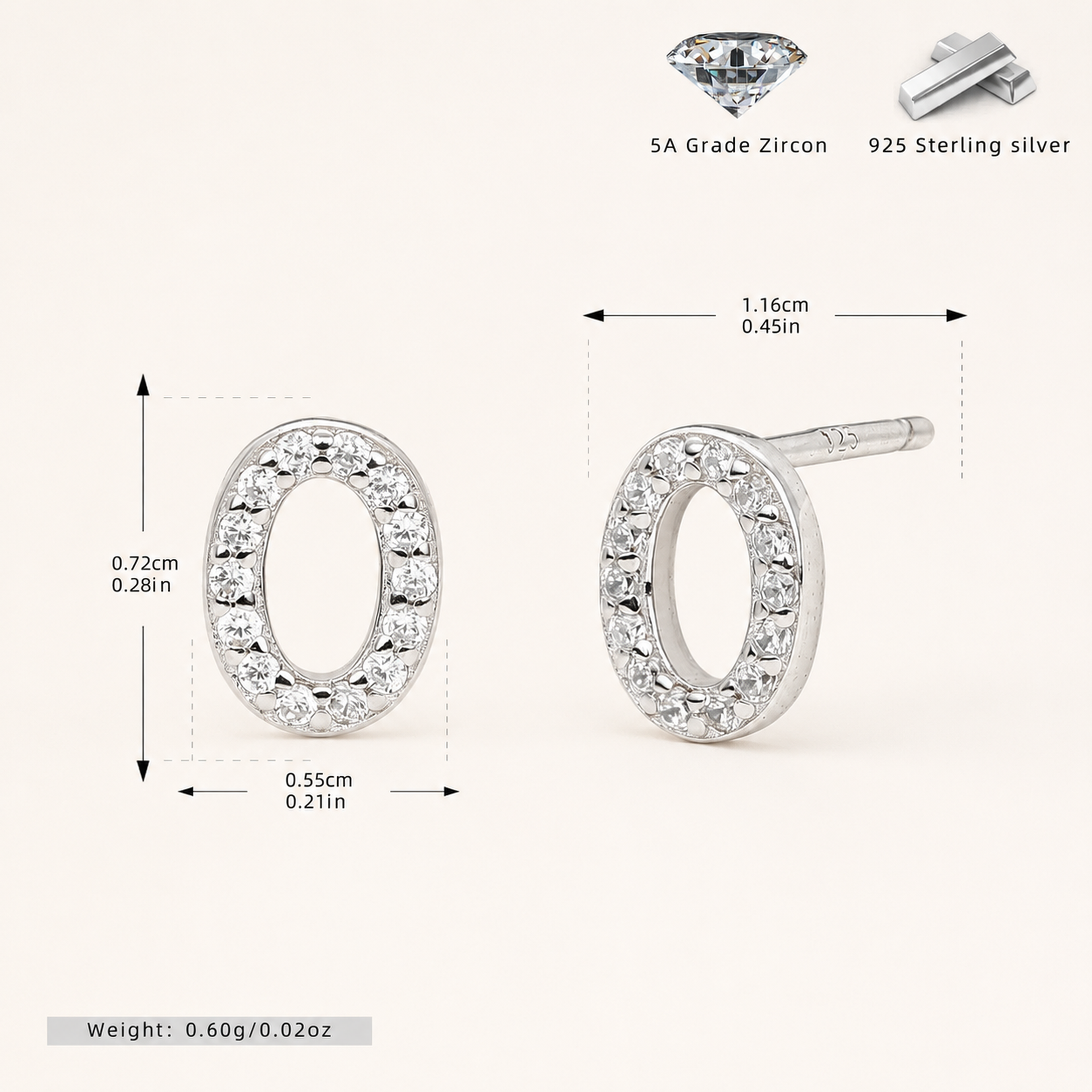 Sterling Silver Pave Initial Letter Stud Earrings - Platinum / O