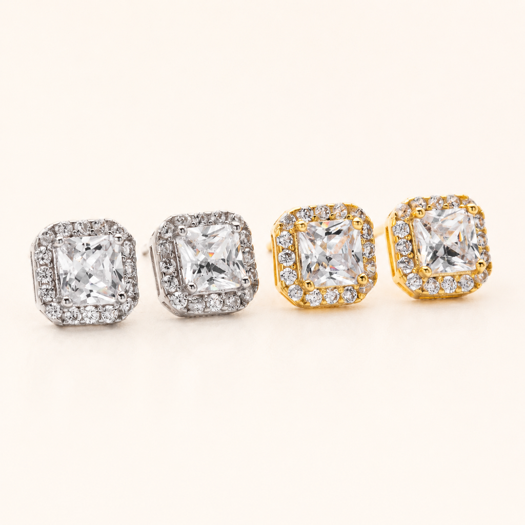 Sterling Silver Bold Square Zirconia Stud Earrings detail