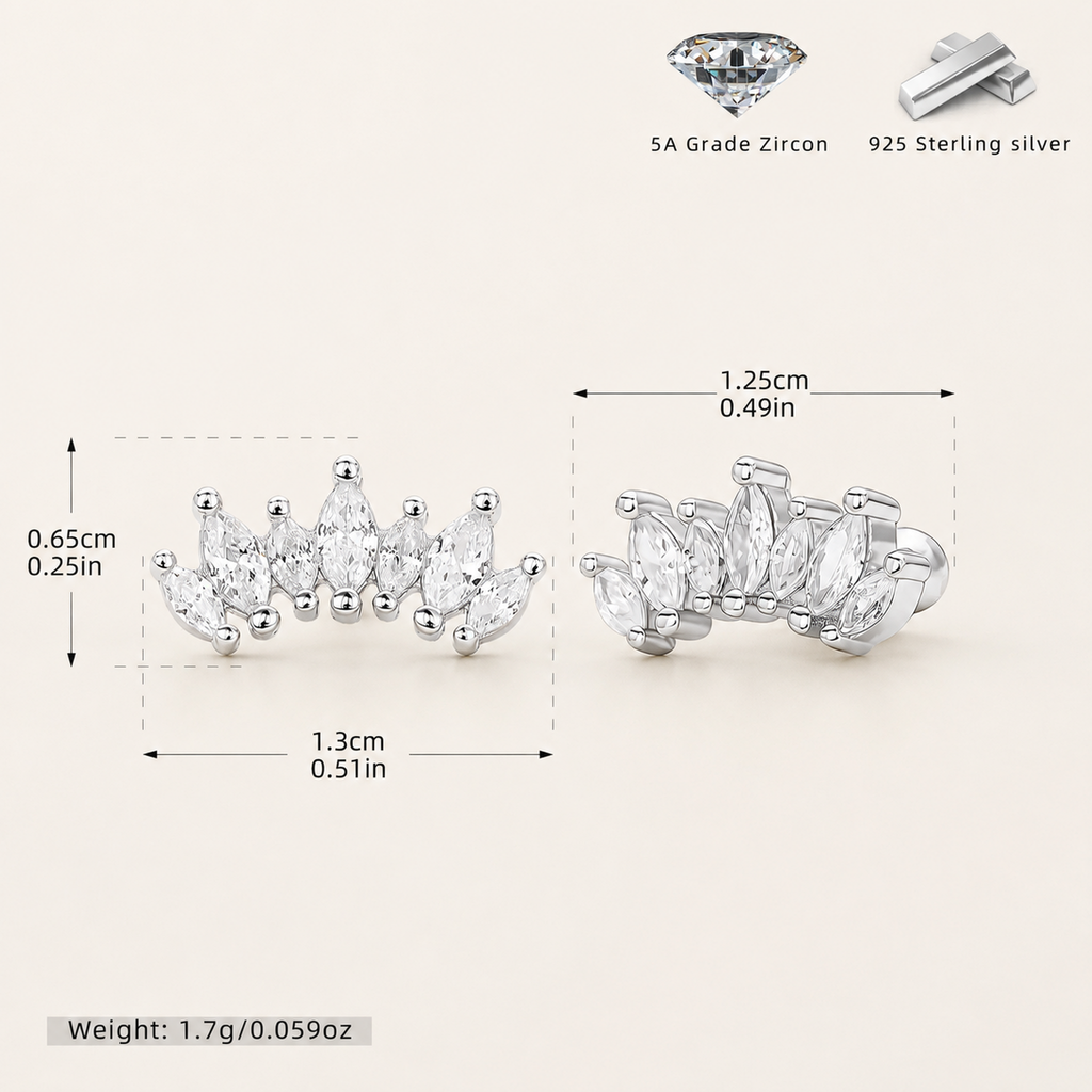 Sterling Silver Two-Tone Zirconia Crown Flat Back Earrings - Platinum / White