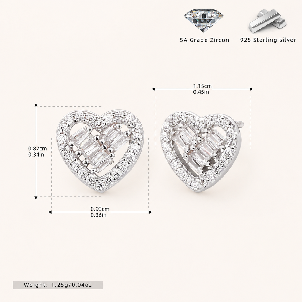 Sterling Silver Zirconia Heart Stud Earrings - Platinum