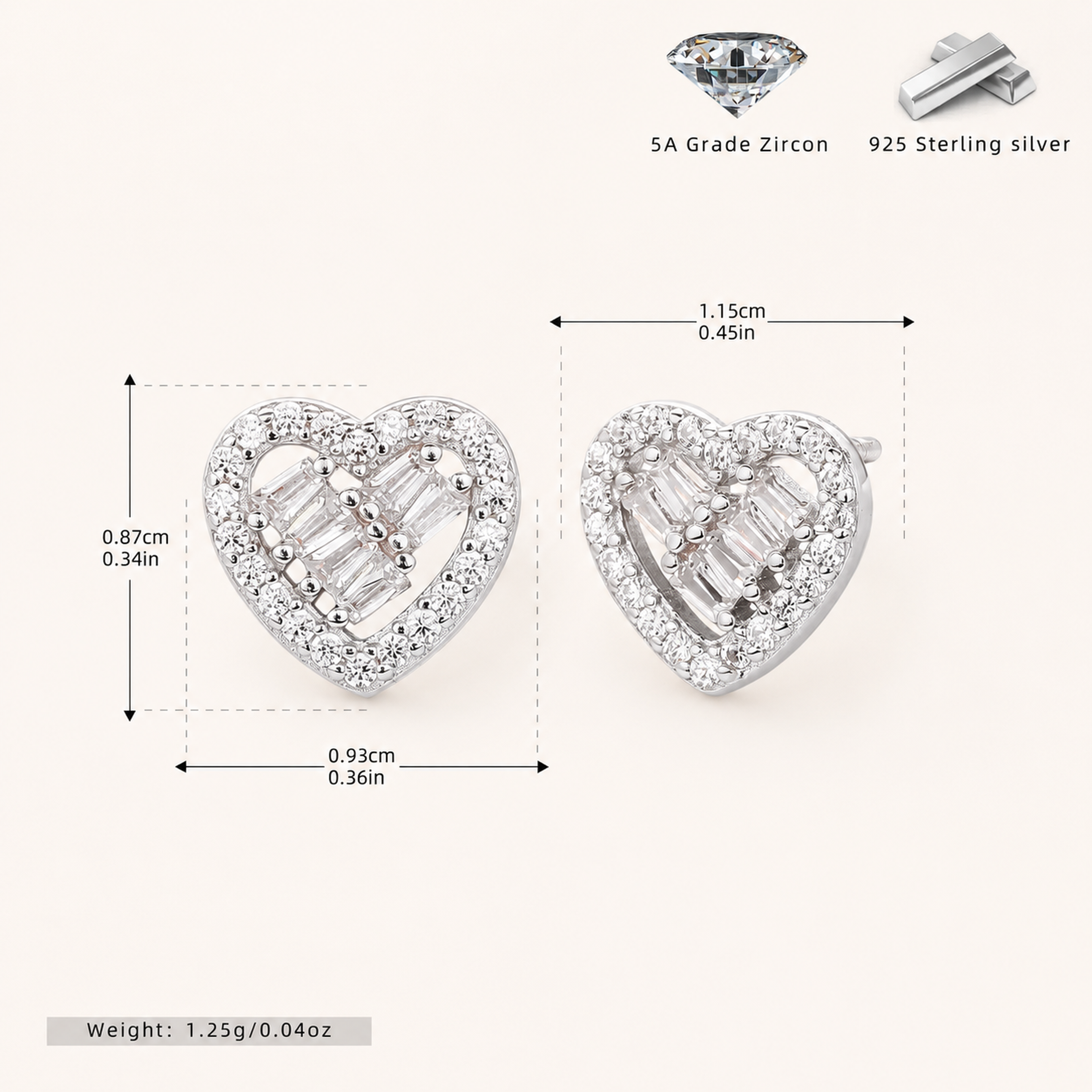 Sterling Silver Zirconia Heart Stud Earrings - Platinum