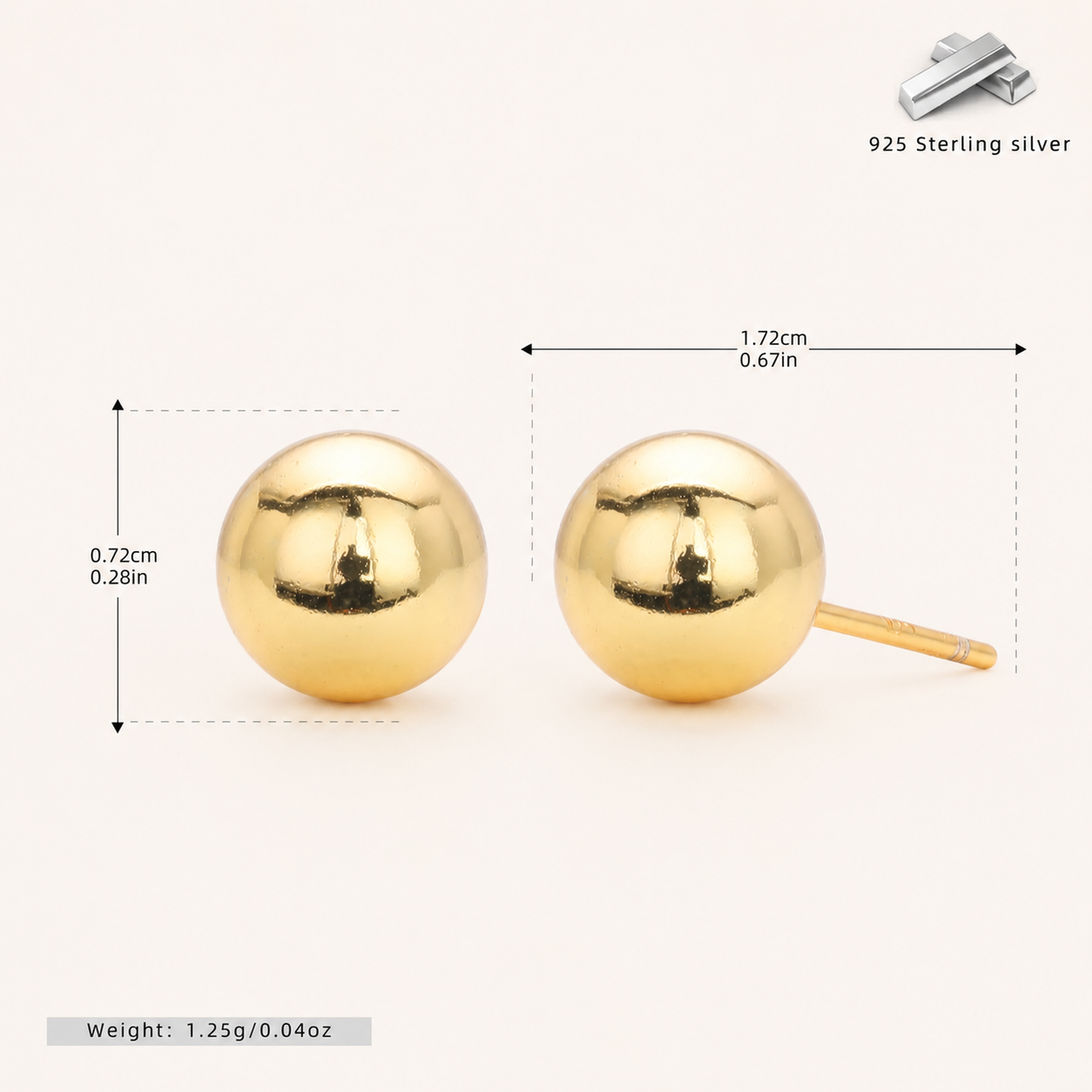 Sterling Silver Ball Bead Stud Earrings - Gold / 7mm