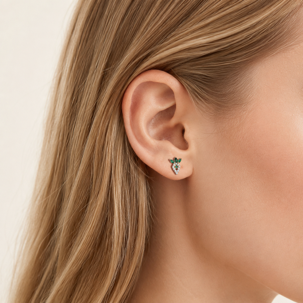 Sterling Silver Emerald-Green Zirconia Flat Back Earrings worn on the ear
