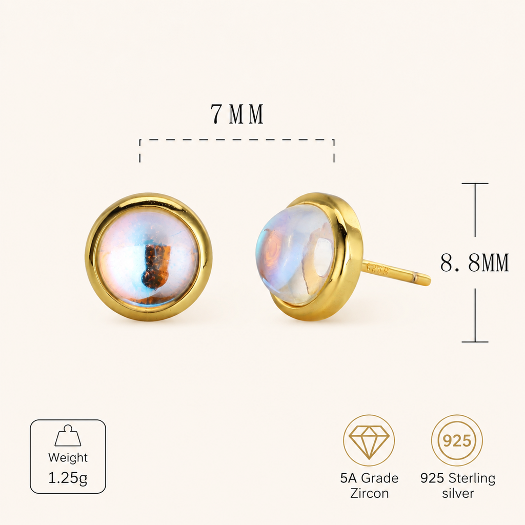 Sterling Silver Moonstone Stud Earrings - Gold / 7mm