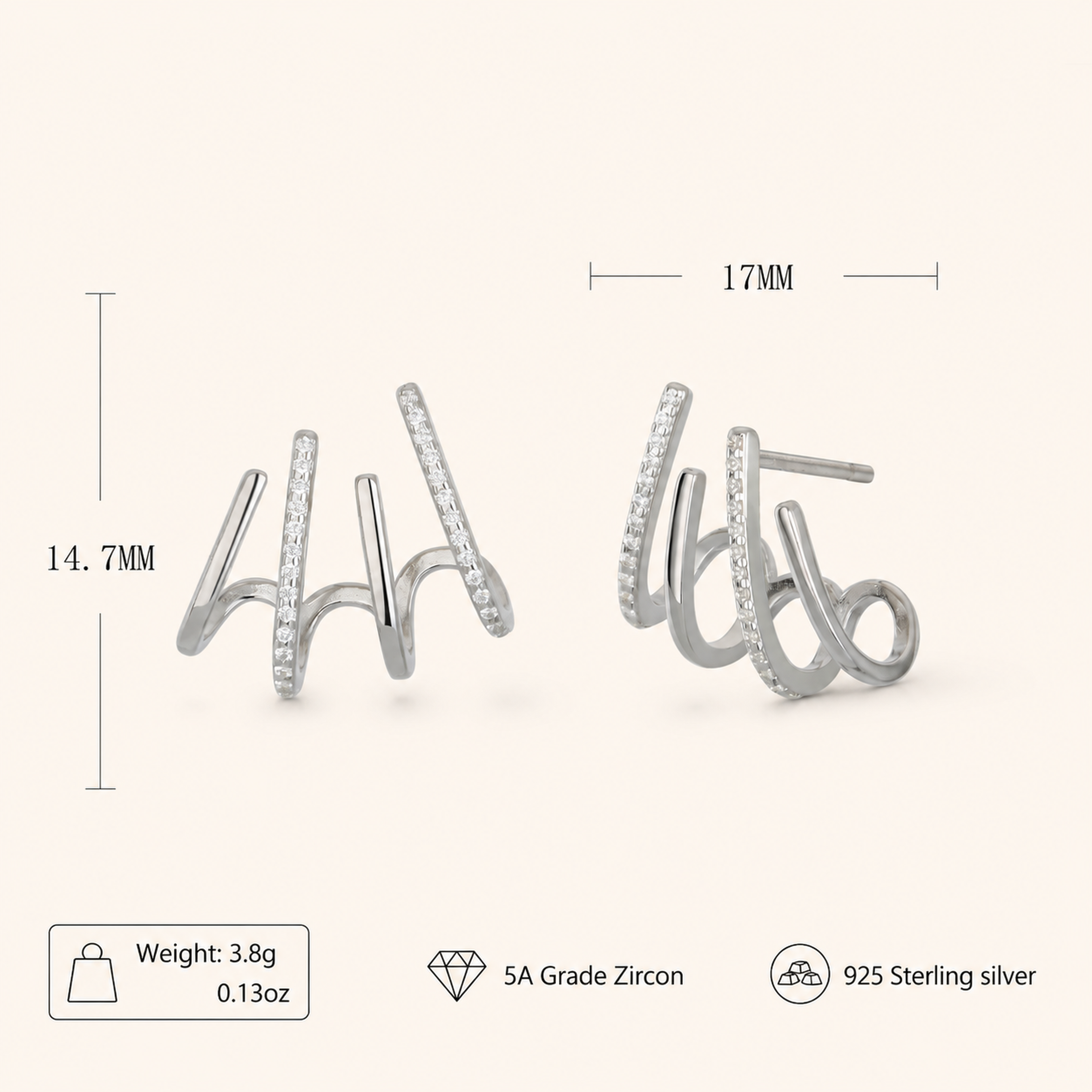 Sterling Silver Four-Prong Zirconia Stud Earrings - Platinum