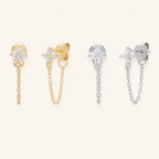 Sterling Silver Zirconia Flower Tassel Drop Stud Earrings