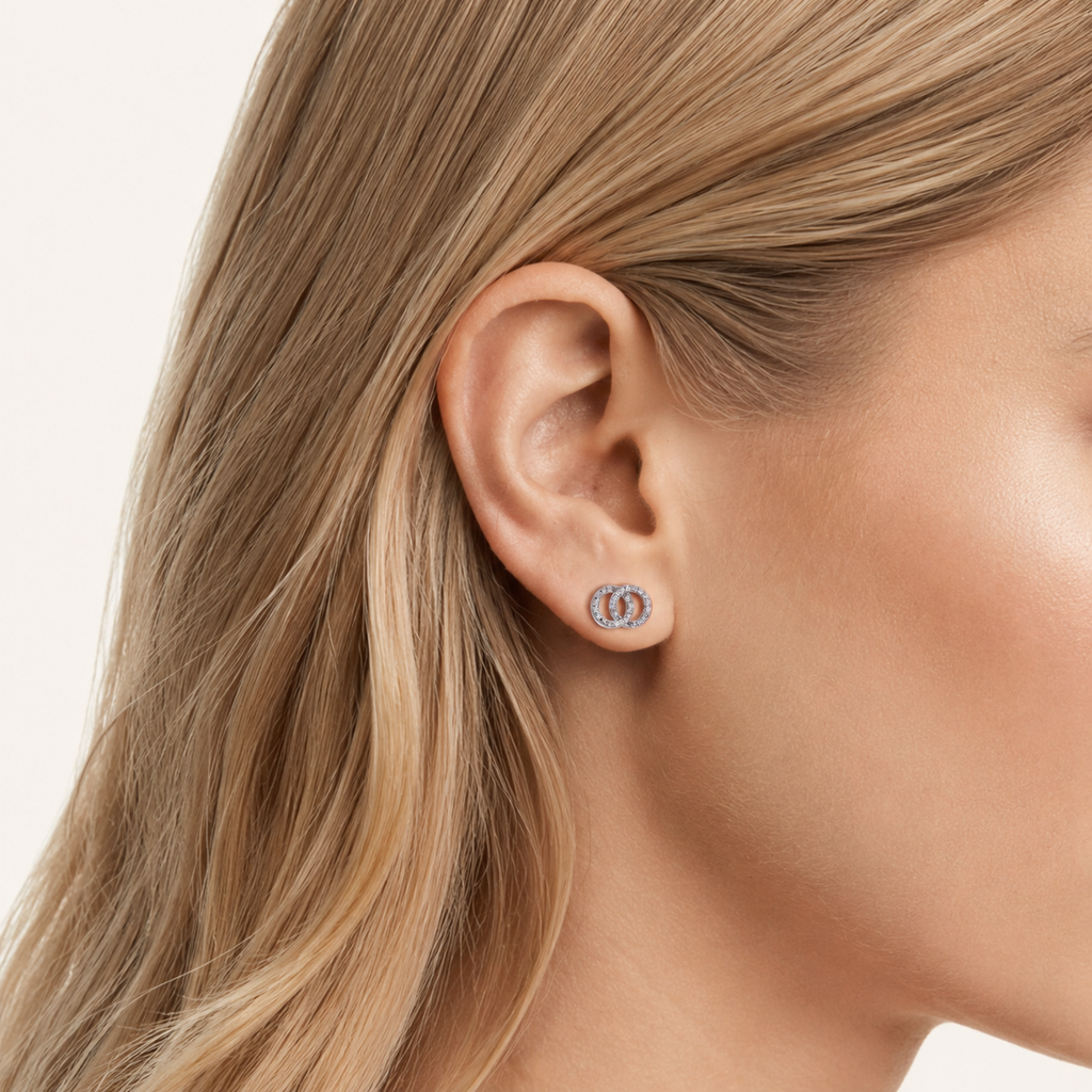 Sterling Silver Double Ring Zirconia Wrap Stud Earrings worn on the ear