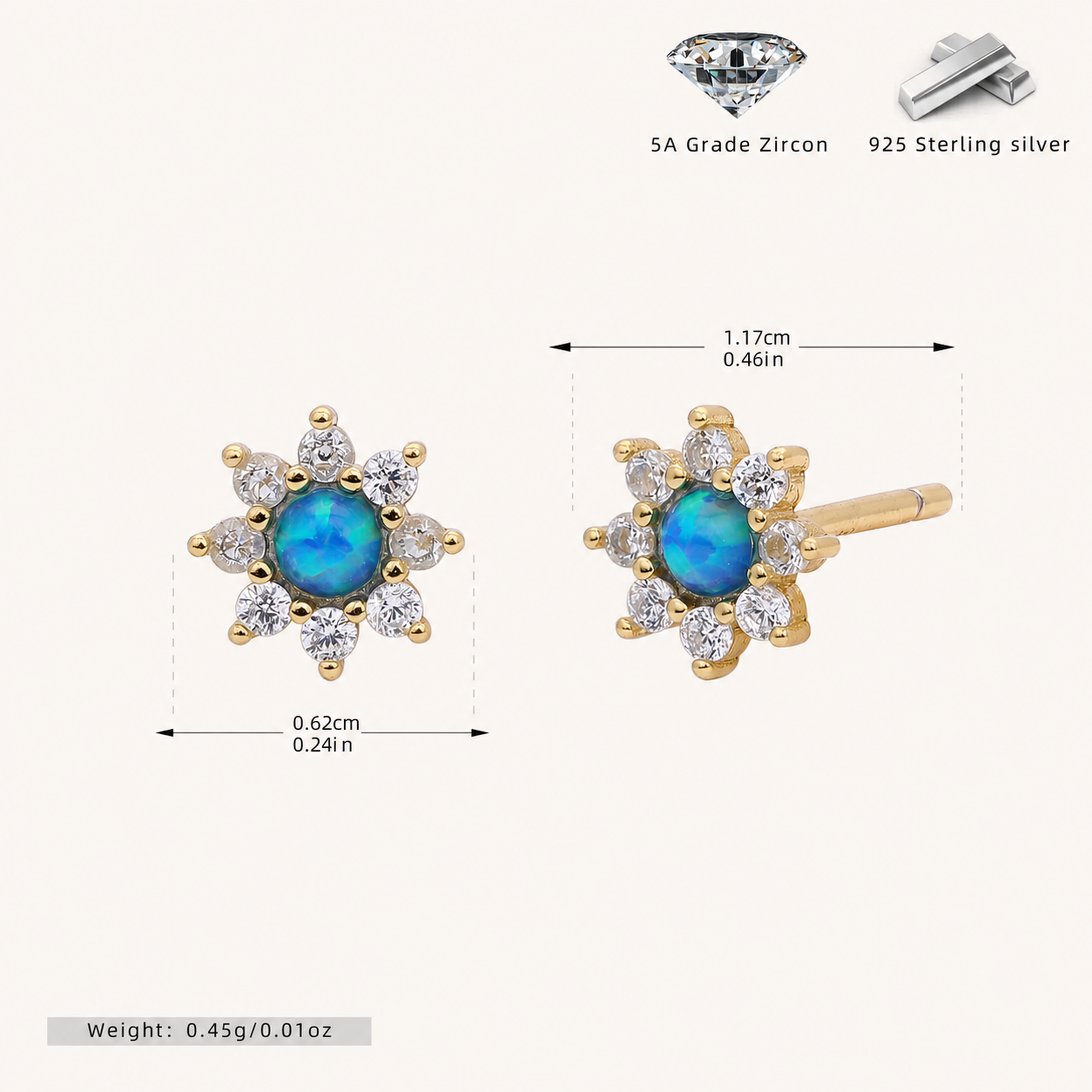 Sterling Silver Opal Sunflower Stud Earrings - Gold