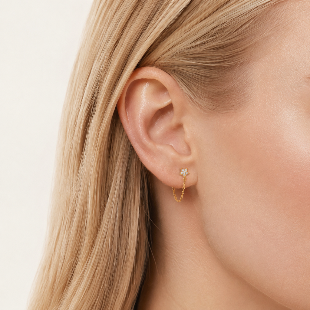 Sterling Silver Zirconia Star Chain Drop Stud Earrings worn on the ear