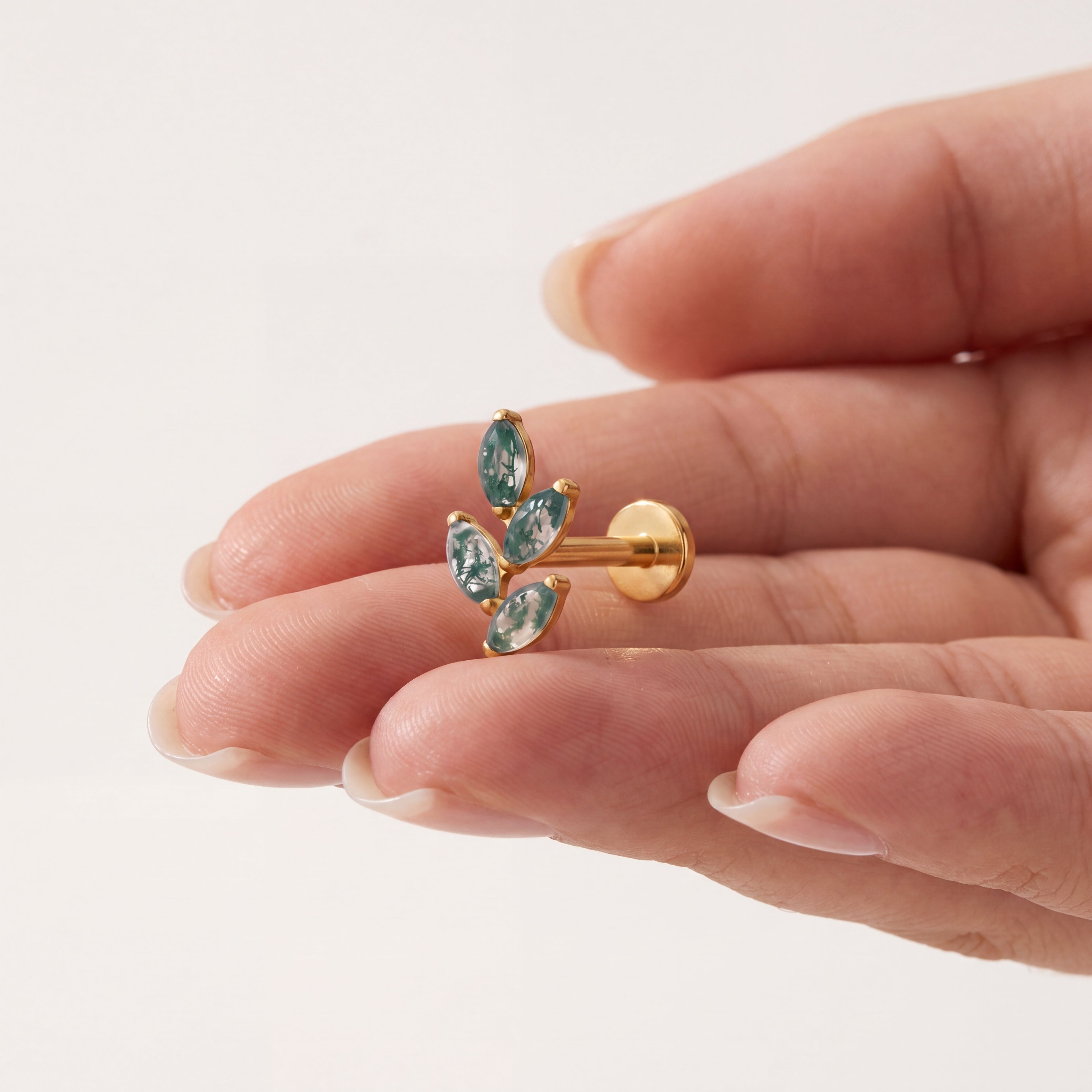Moss Agate Leaf Spray Titanium Flat Back Earring - image 4