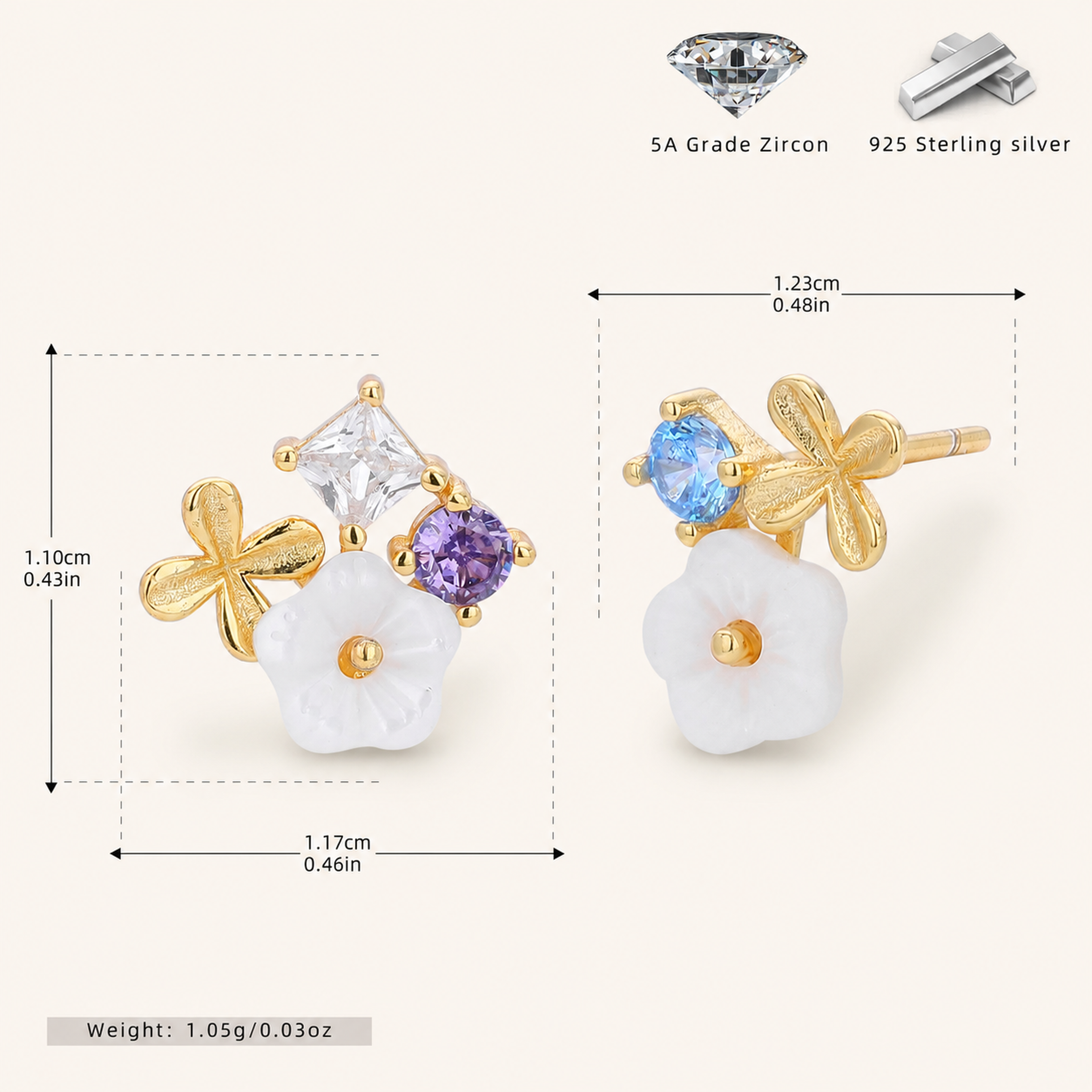 Sterling Silver Zirconia Sparkle Stud Earrings - Gold
