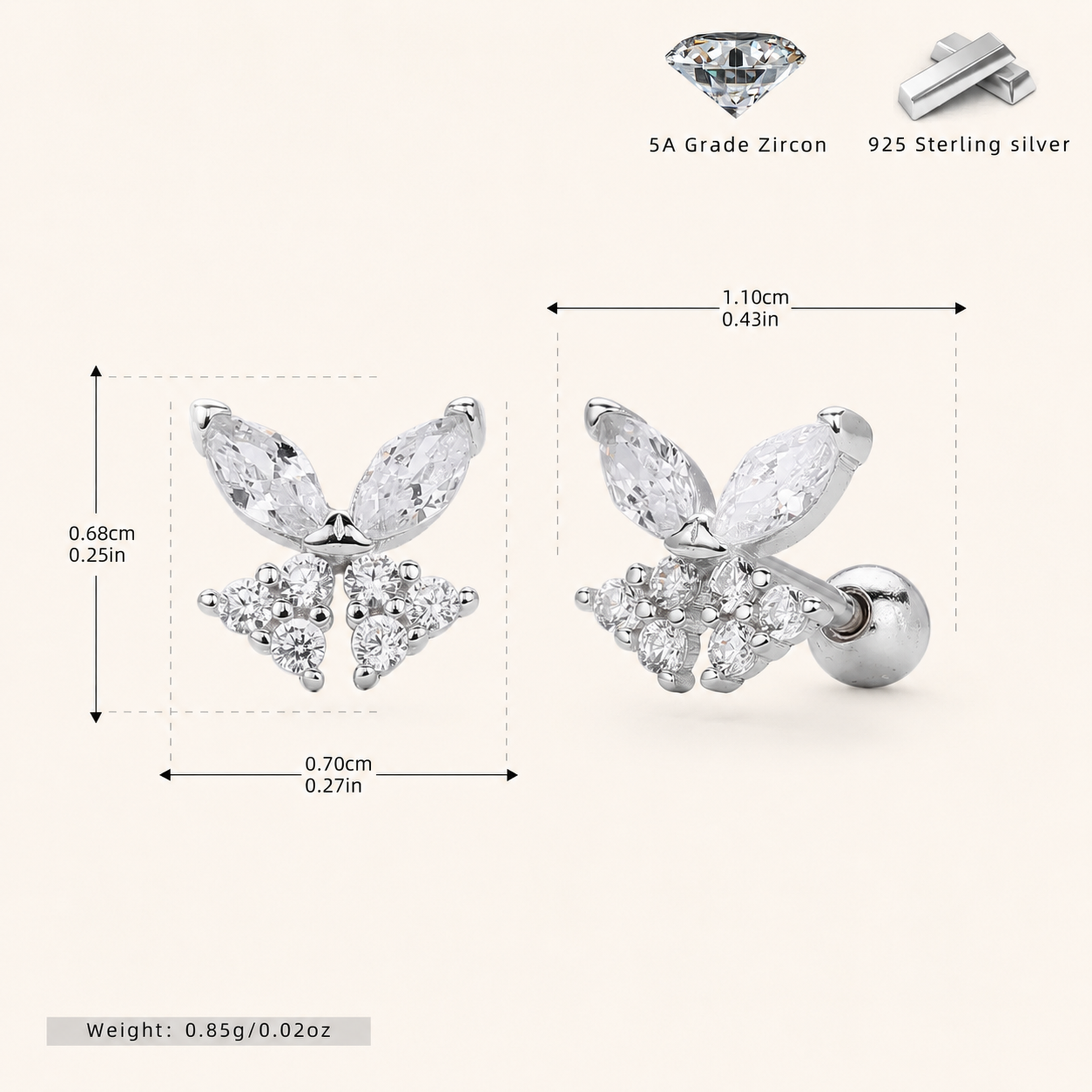 Sterling Silver Zirconia Butterfly Flat Back Earrings - Platinum