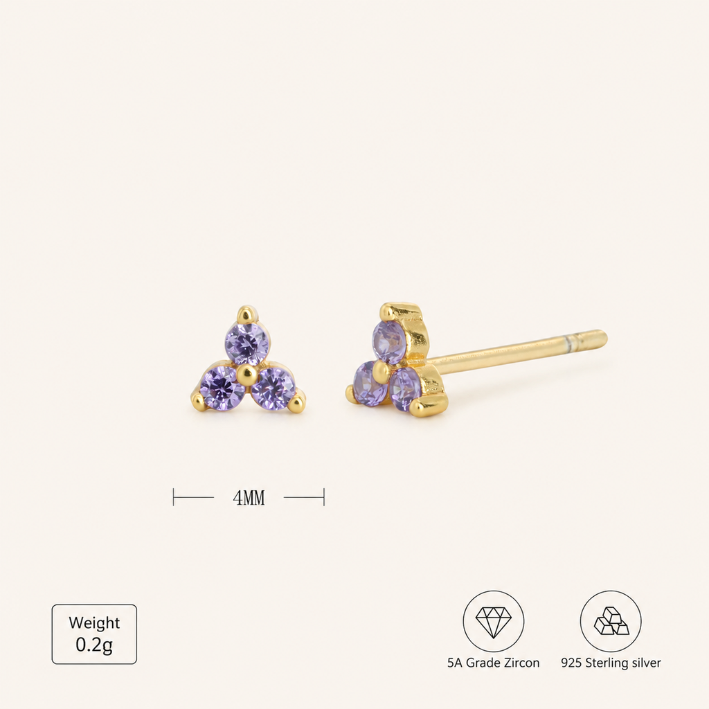 Sterling Silver Triangle Zirconia Stud Earrings - Gold / Purple Zircon