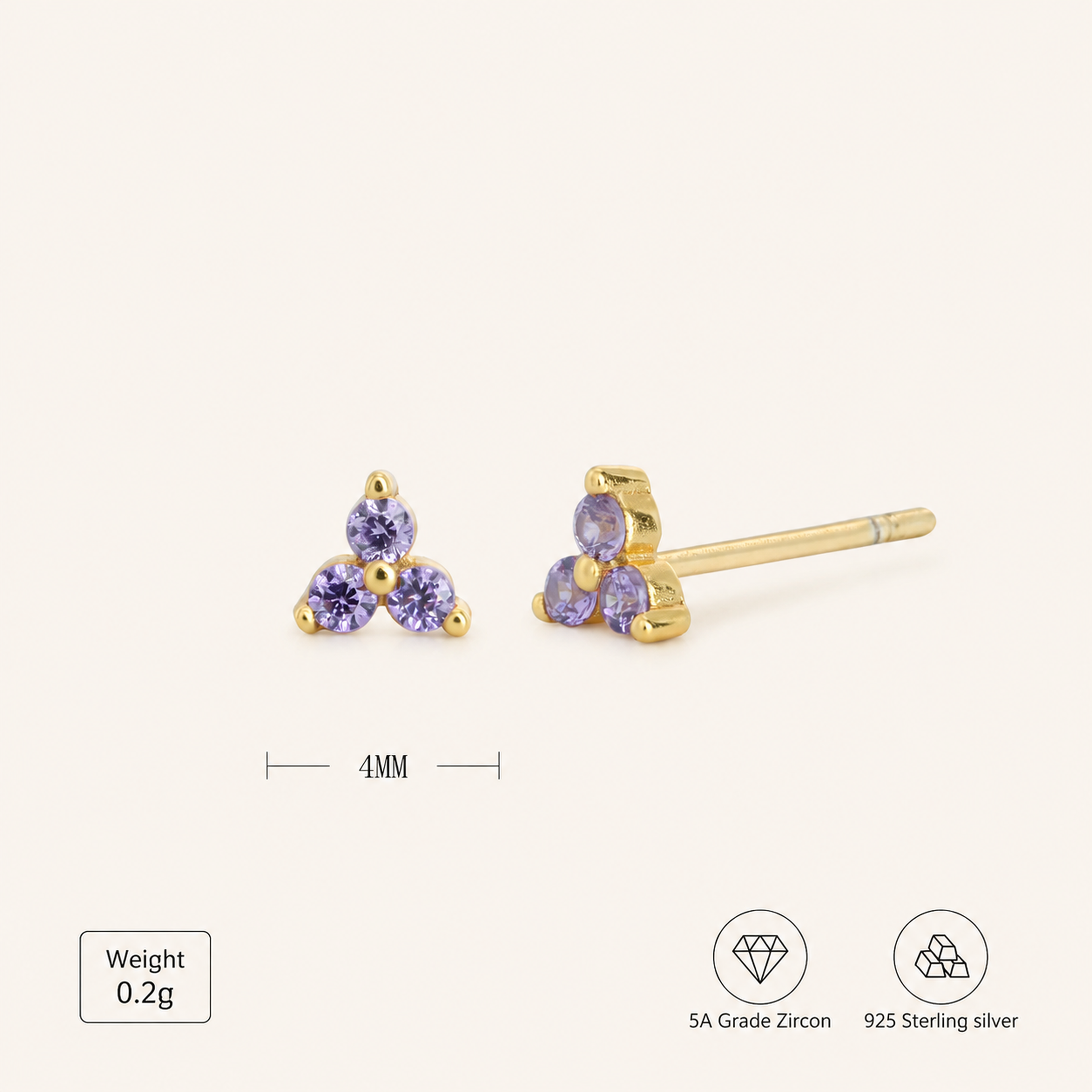 Sterling Silver Triangle Zirconia Stud Earrings - Gold / Purple Zircon