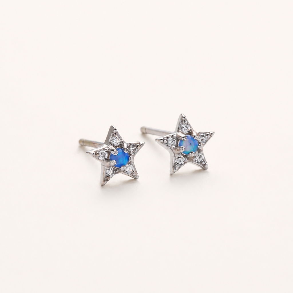 Sterling Silver Blue Opal Star Stud Earrings detail view