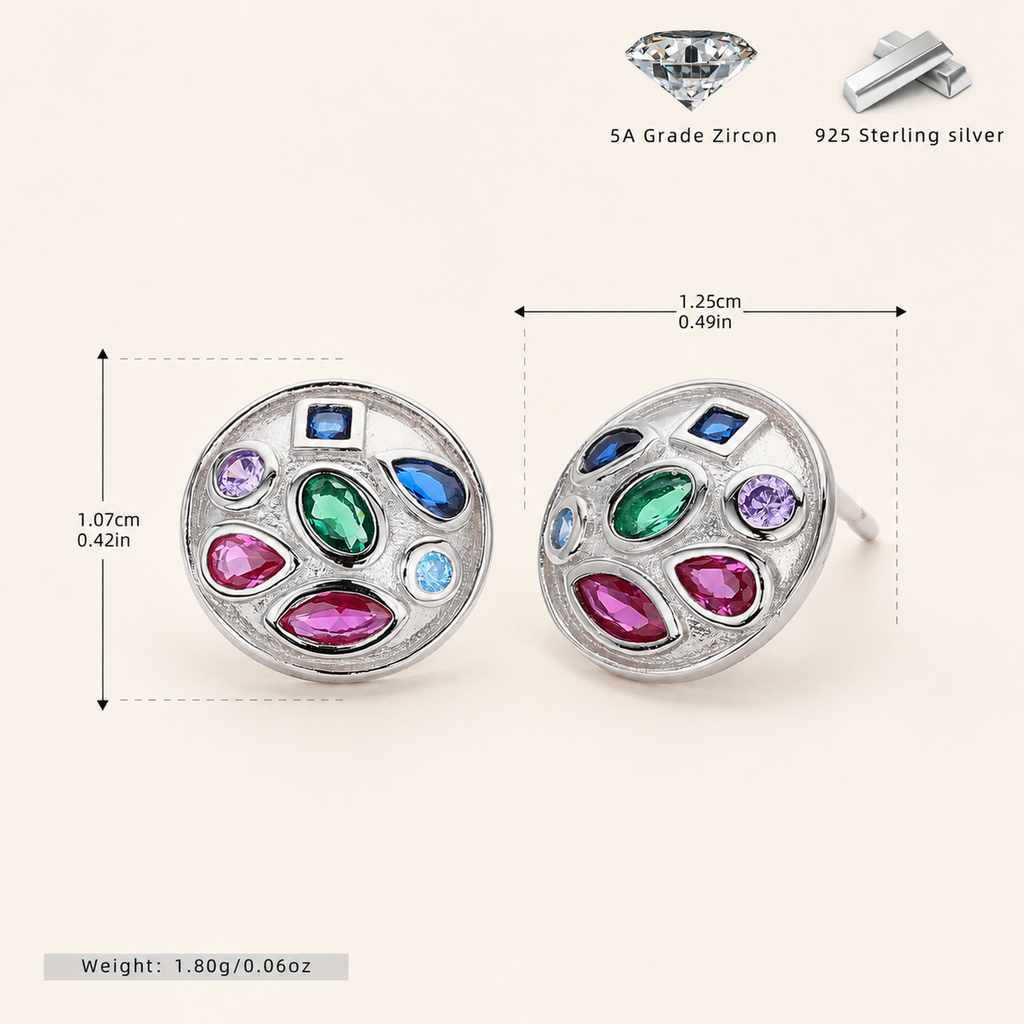 Sterling Silver Colorful Round Zirconia Stud Earrings - Platinum