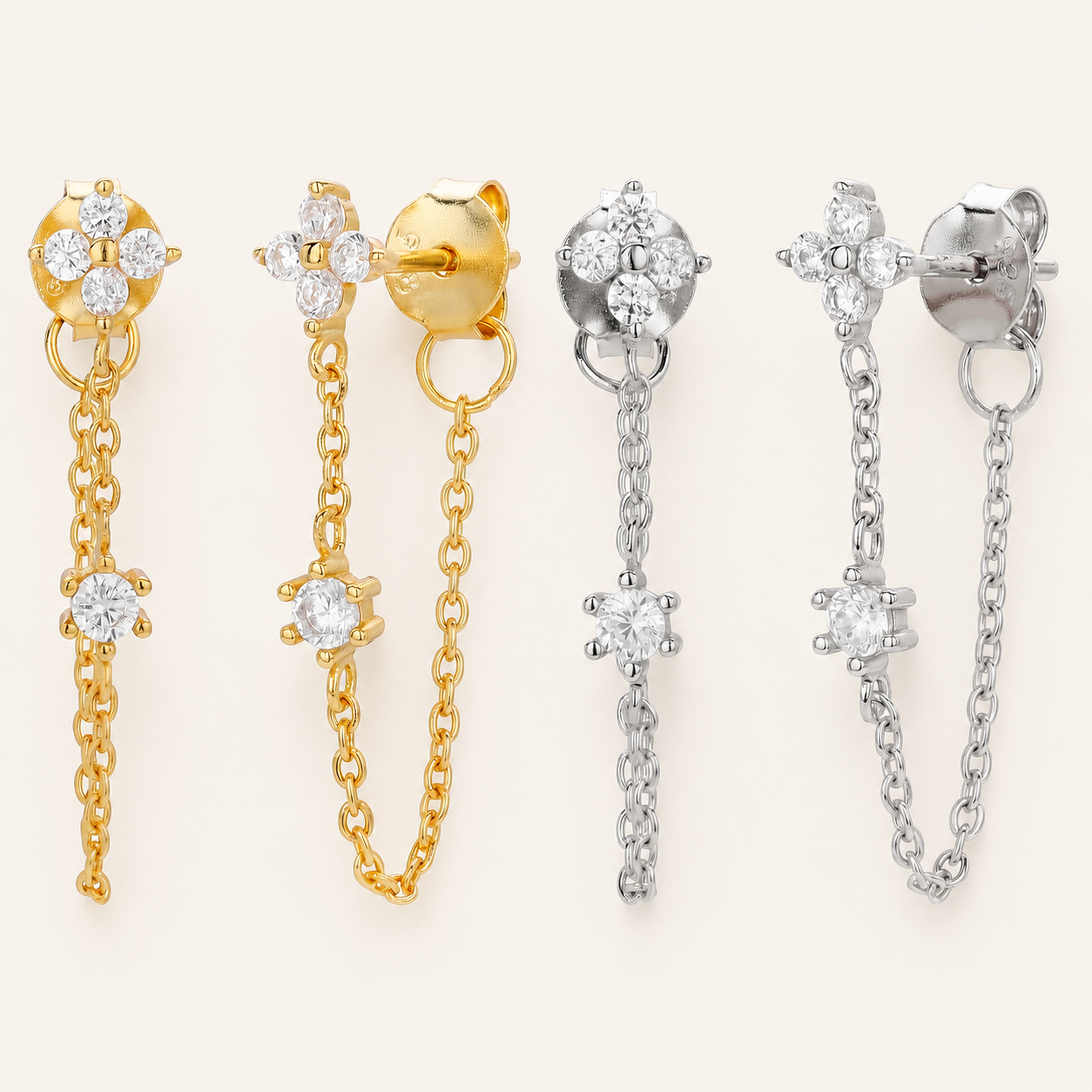 Sterling Silver Flower Zirconia Chain Drop Stud Earrings
