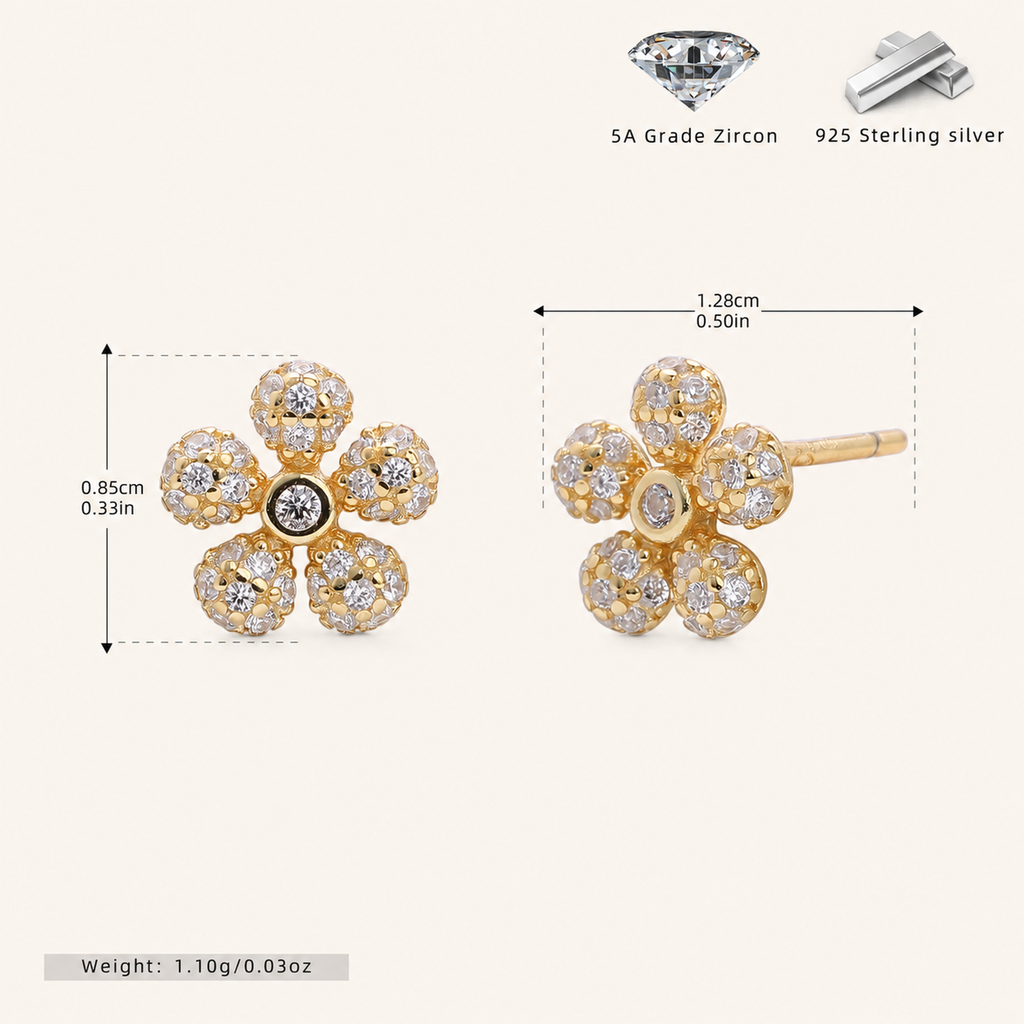 Sterling Silver Flower Zirconia Stud Earrings - Gold