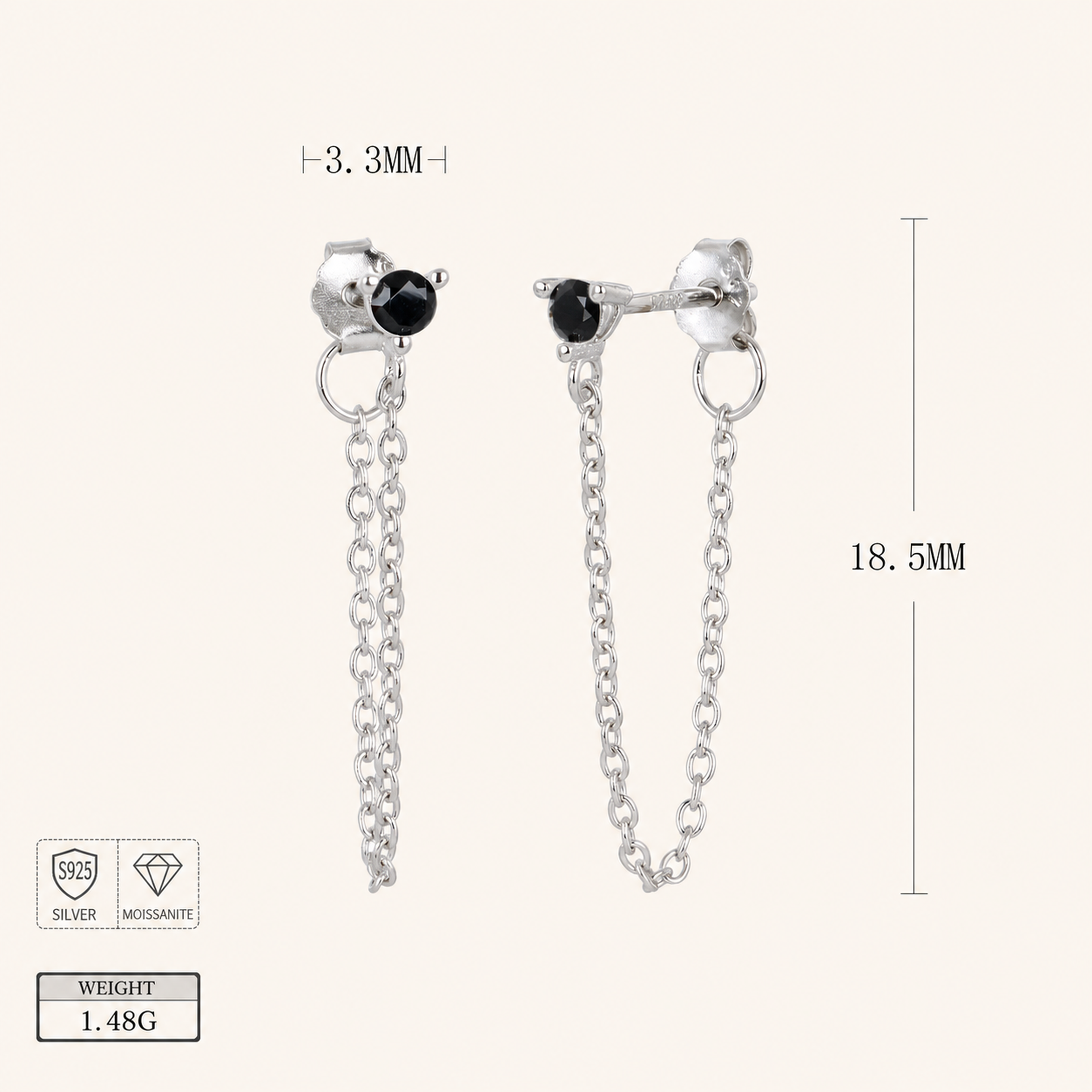 Sterling Silver Turquoise Chain Threader Earrings - Platinum / Black