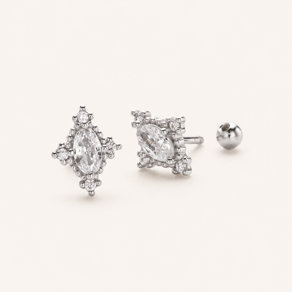 Sterling Silver Vintage Emerald-Cut Zirconia Flat Back Earrings detail