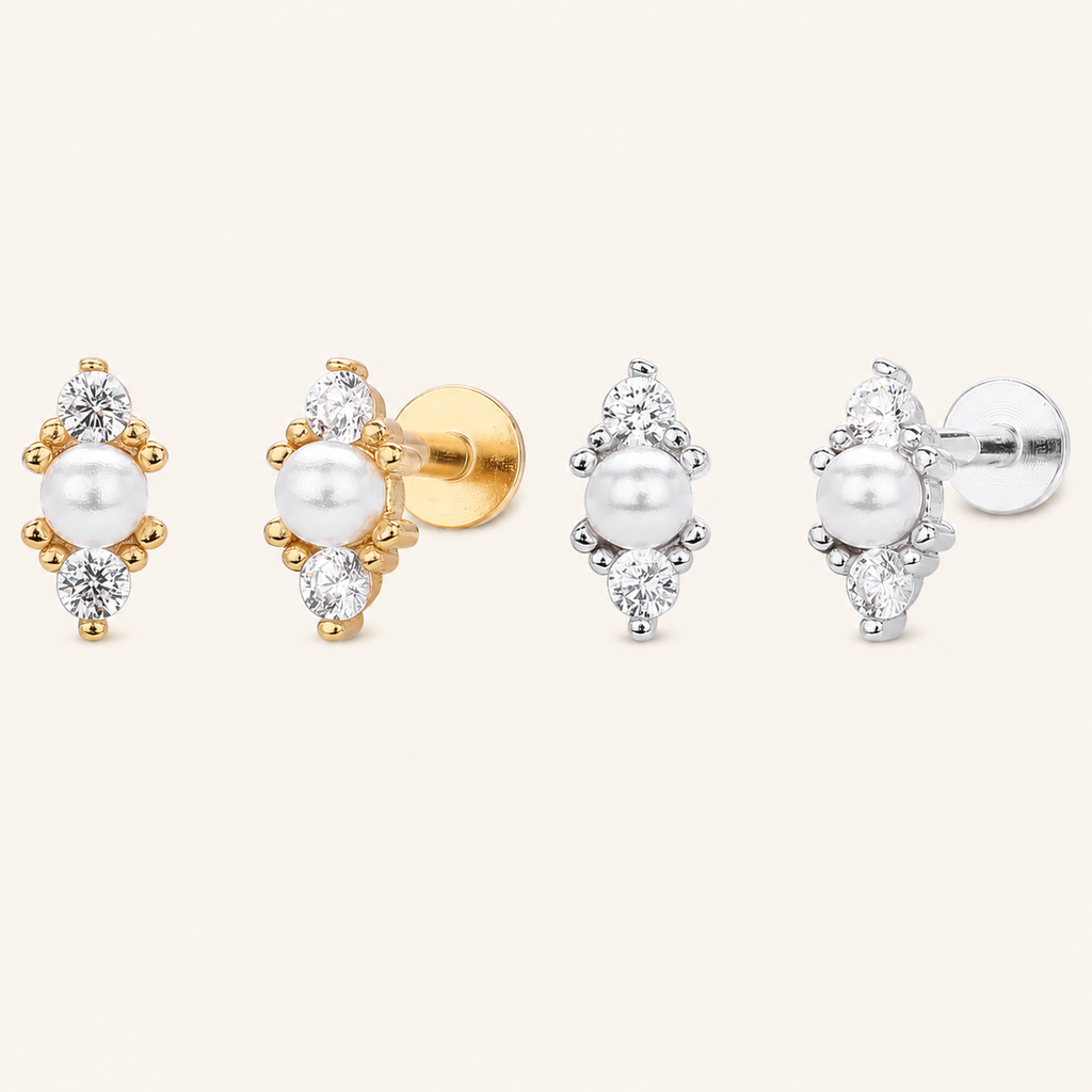 Sterling Silver Irregular Zirconia Pearl Flat Back Earrings