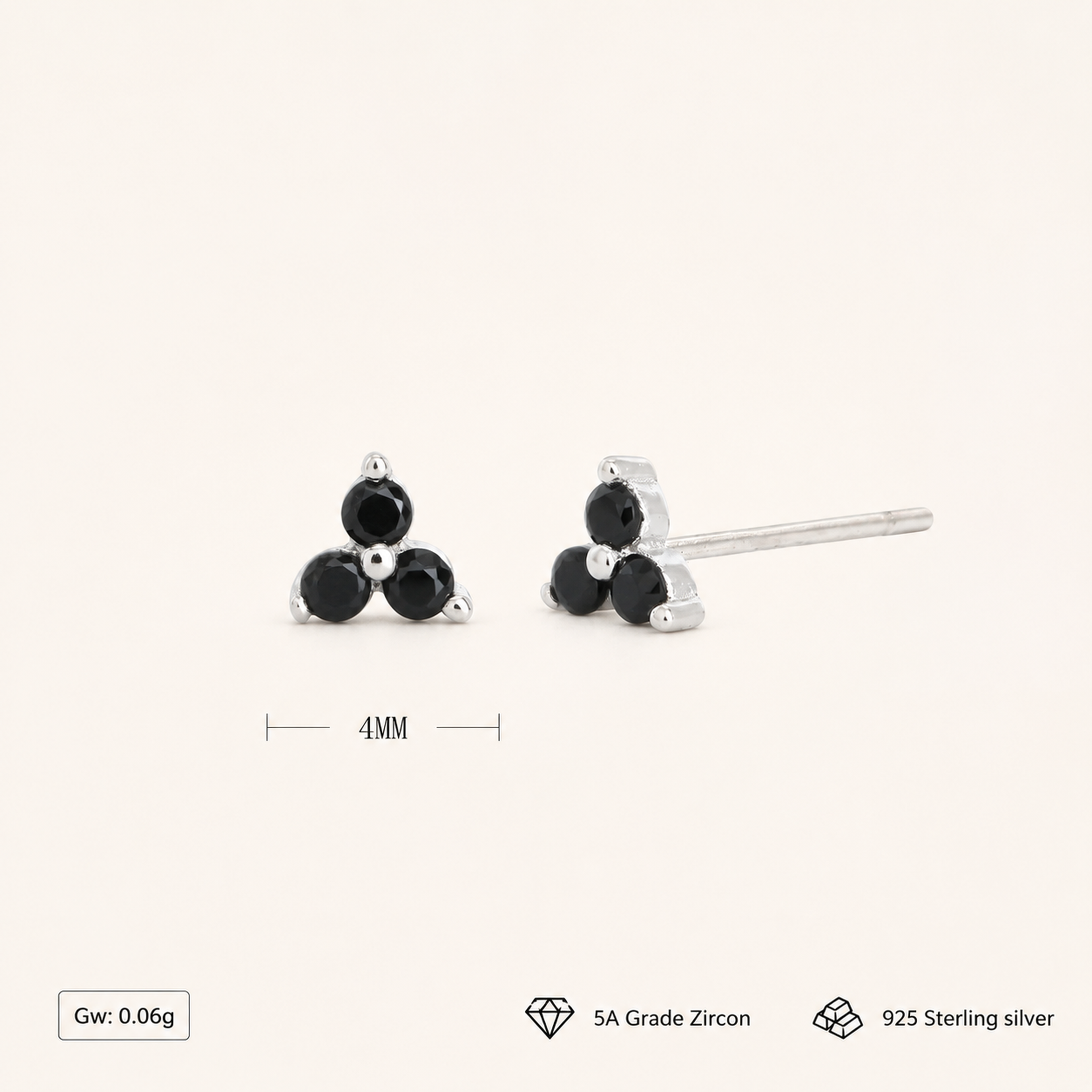 Sterling Silver Triangle Zirconia Stud Earrings - Platinum / Black Zircon
