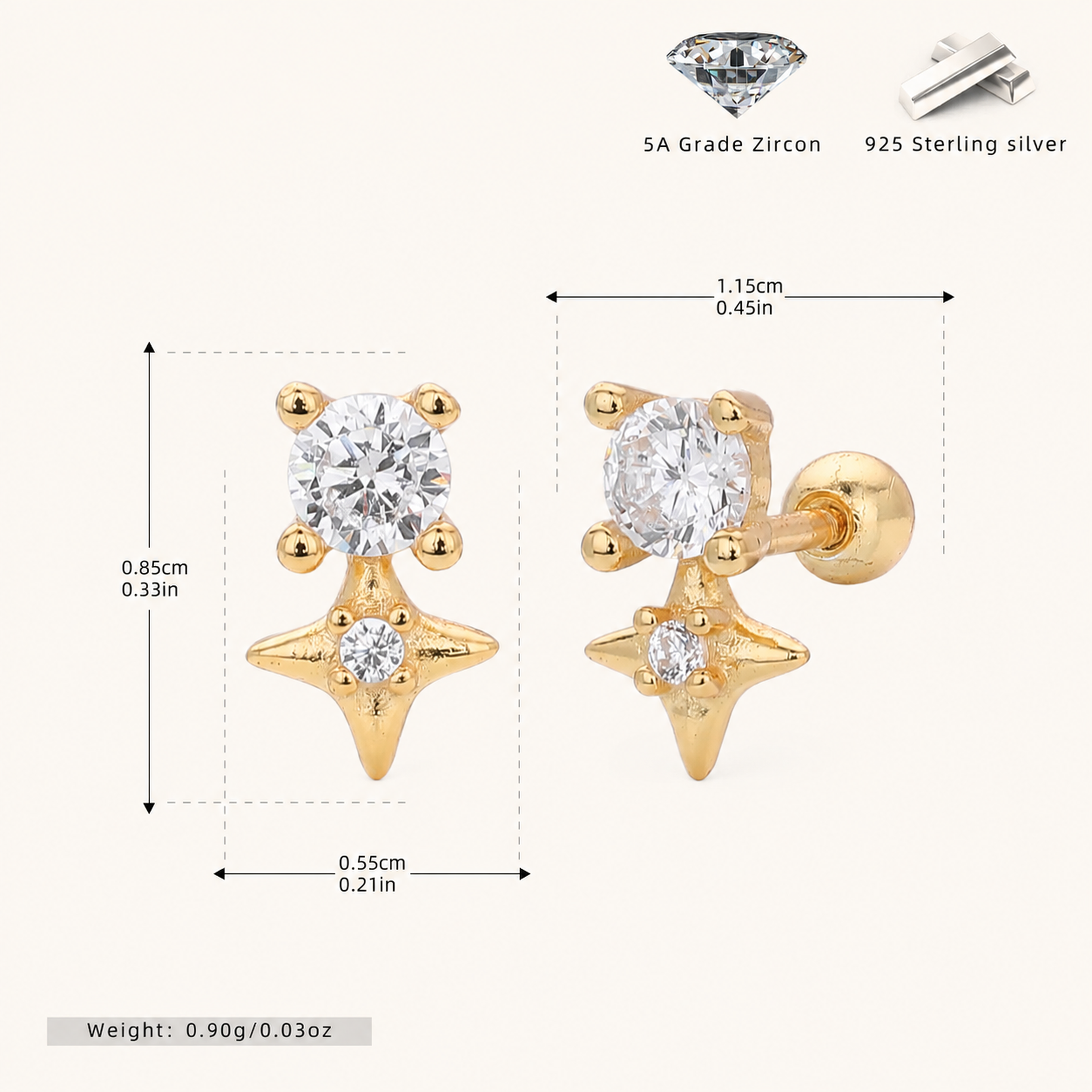 Sterling Silver Four-Point Star Zirconia Flat Back Earrings - Gold