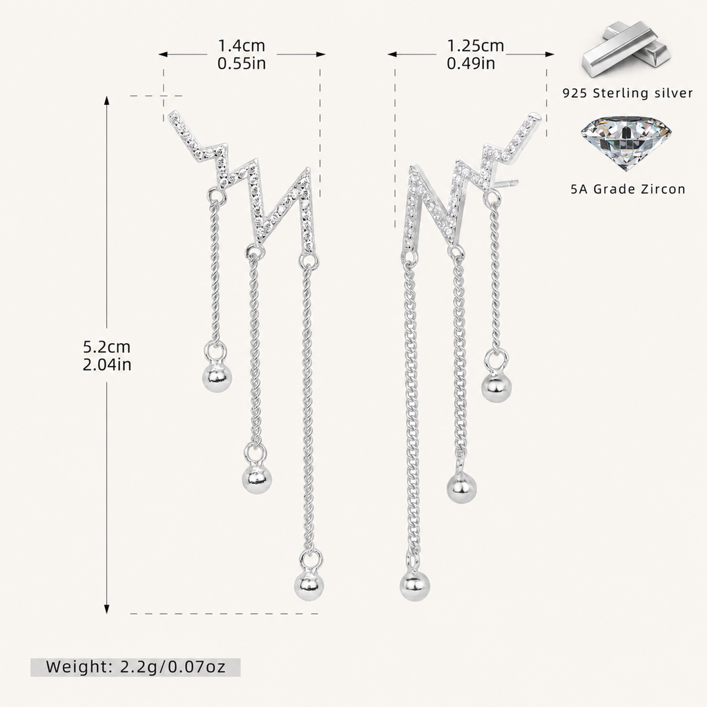 Sterling Silver Heartbeat Zirconia Drop Stud Earrings - Platinum