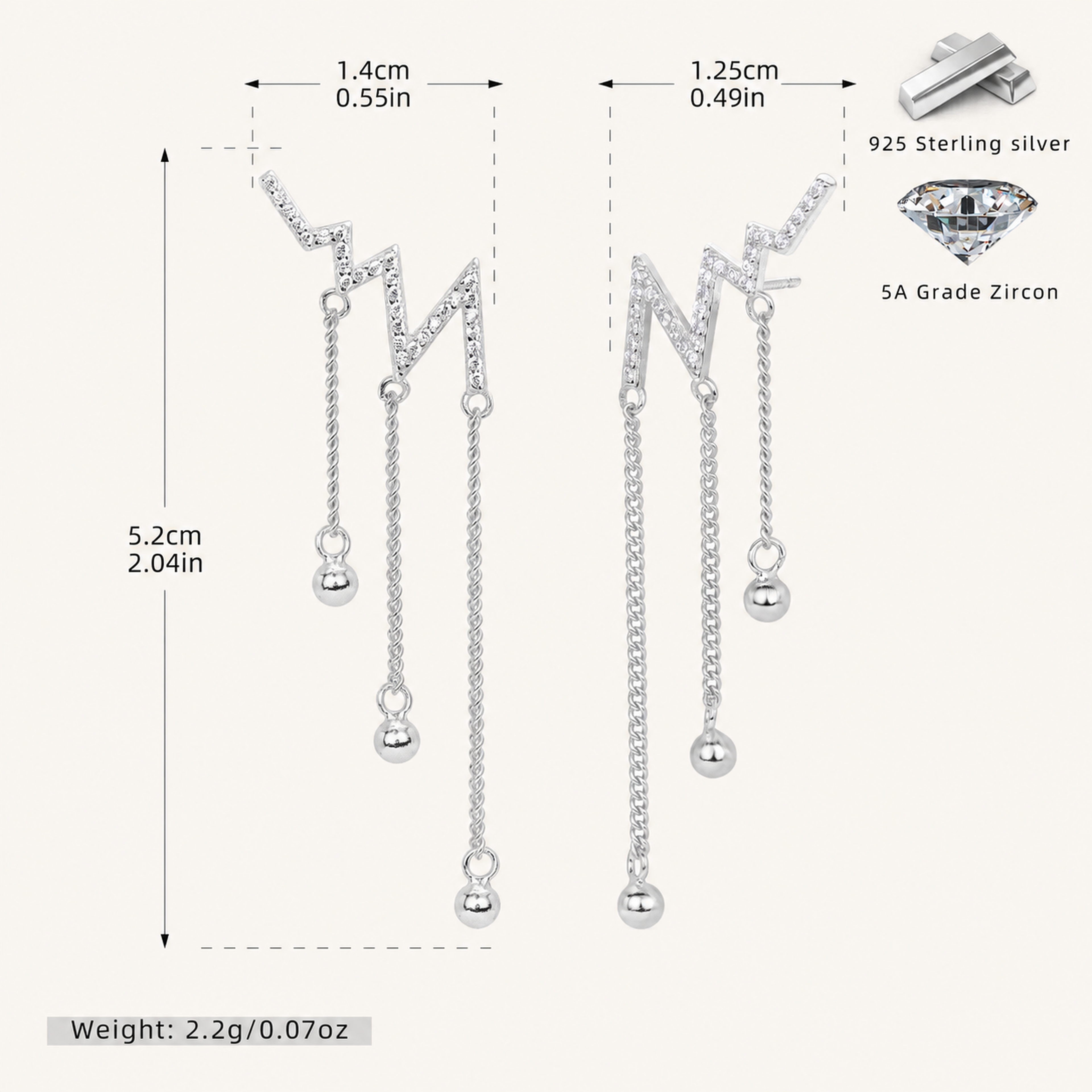 Sterling Silver Heartbeat Zirconia Drop Stud Earrings - Platinum