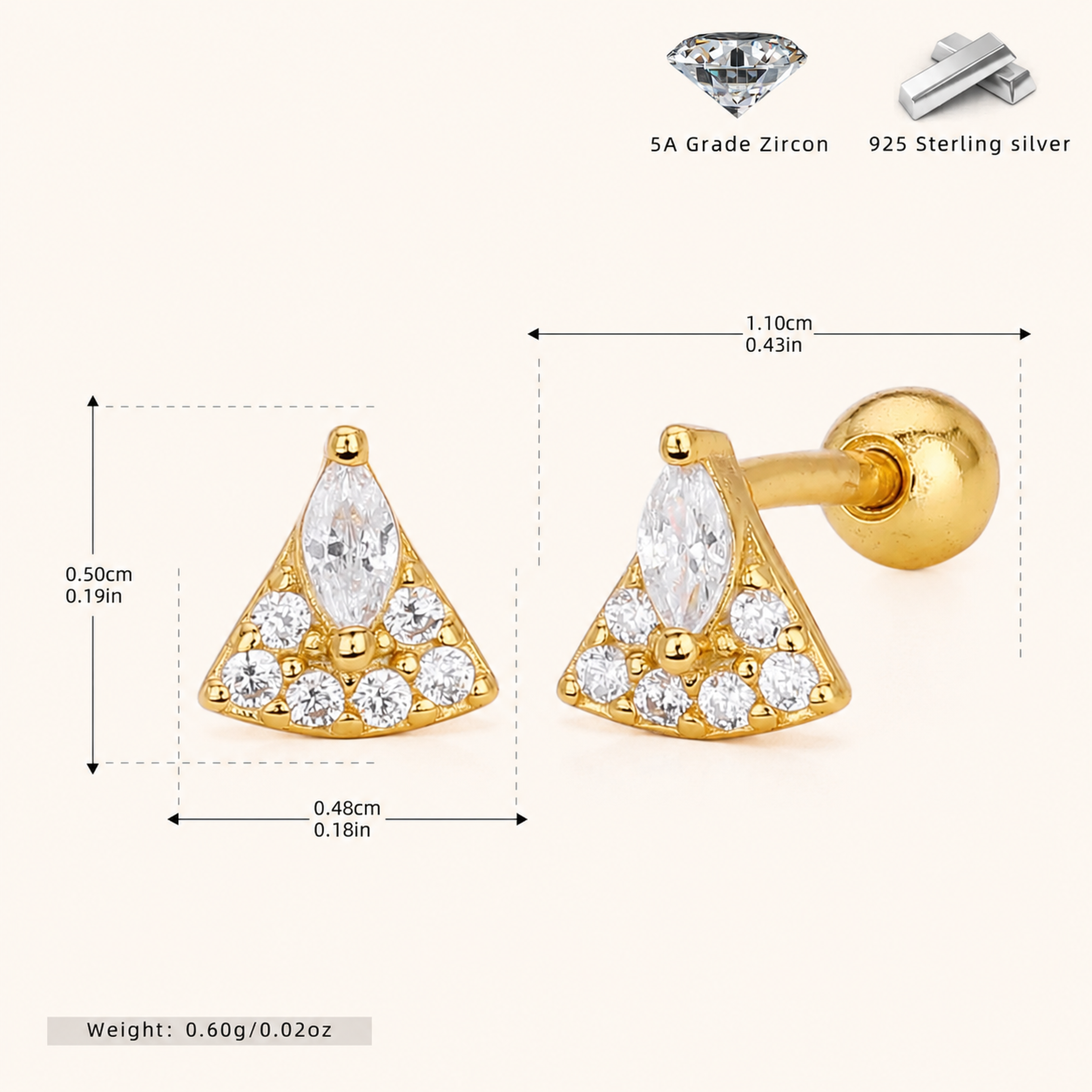 Sterling Silver Marquise Zirconia Fan Flat Back Earrings - Gold