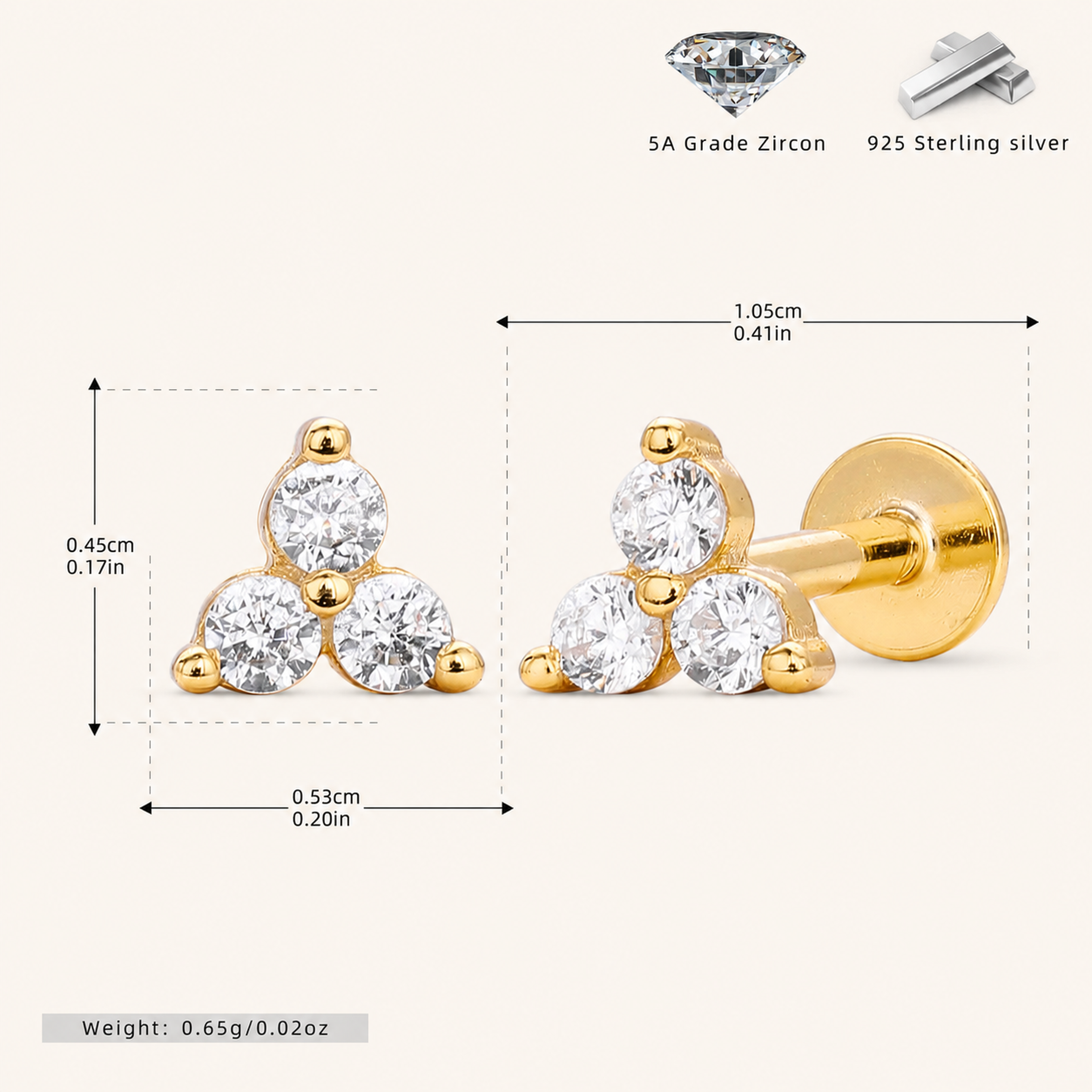 Sterling Silver Pave Zirconia Flower Flat Back Earrings - Gold