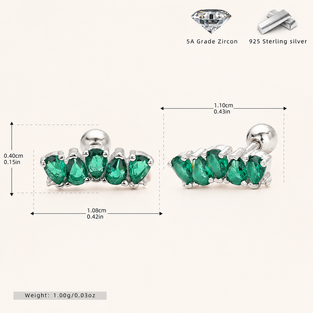 Sterling Silver Emerald-Green Teardrop Zirconia Flat Back Earrings - Platinum / Green