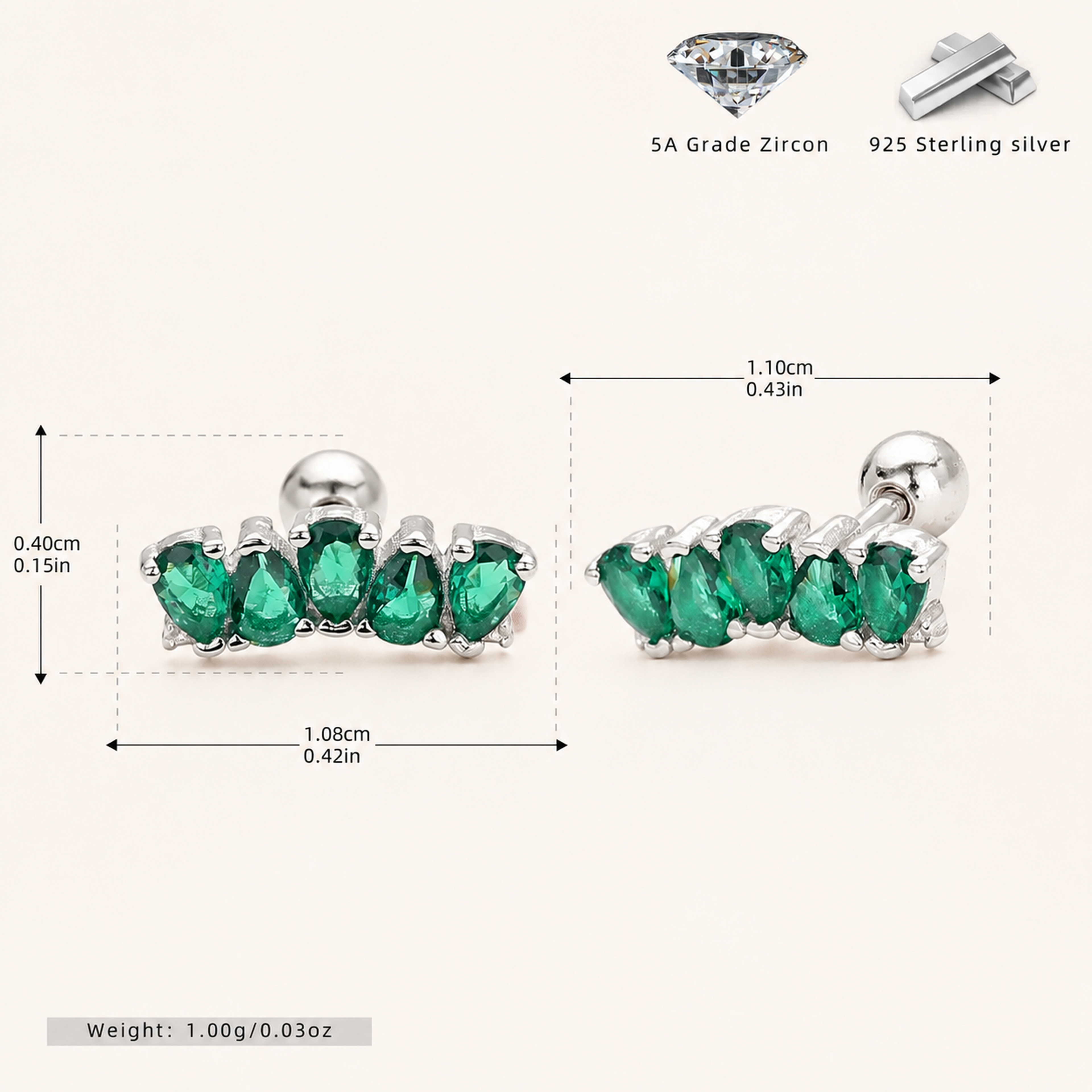 Sterling Silver Emerald-Green Teardrop Zirconia Flat Back Earrings - Platinum / Green