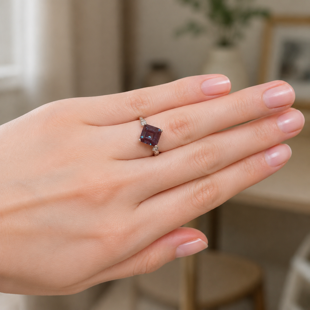 Compass Lab-Grown Alexandrite Ring worn on hand