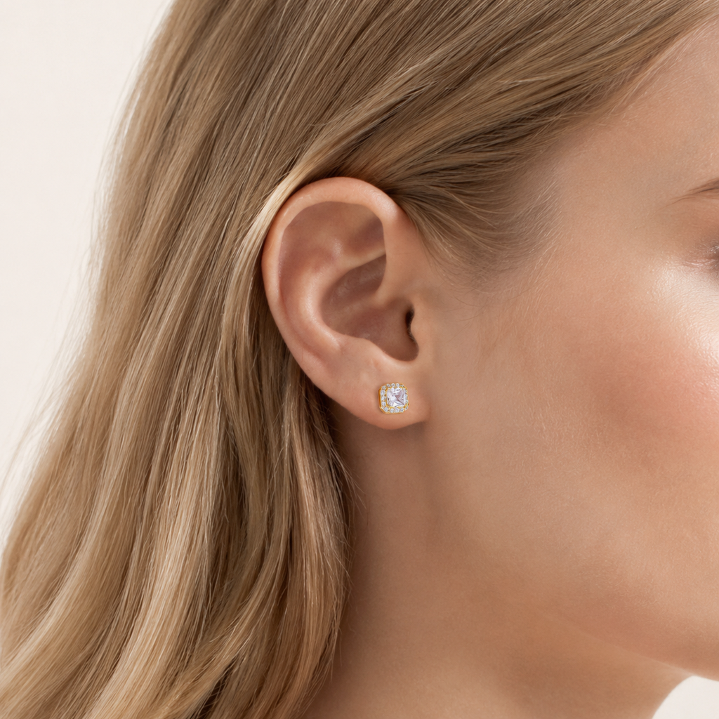 Sterling Silver Bold Square Zirconia Stud Earrings worn on the ear