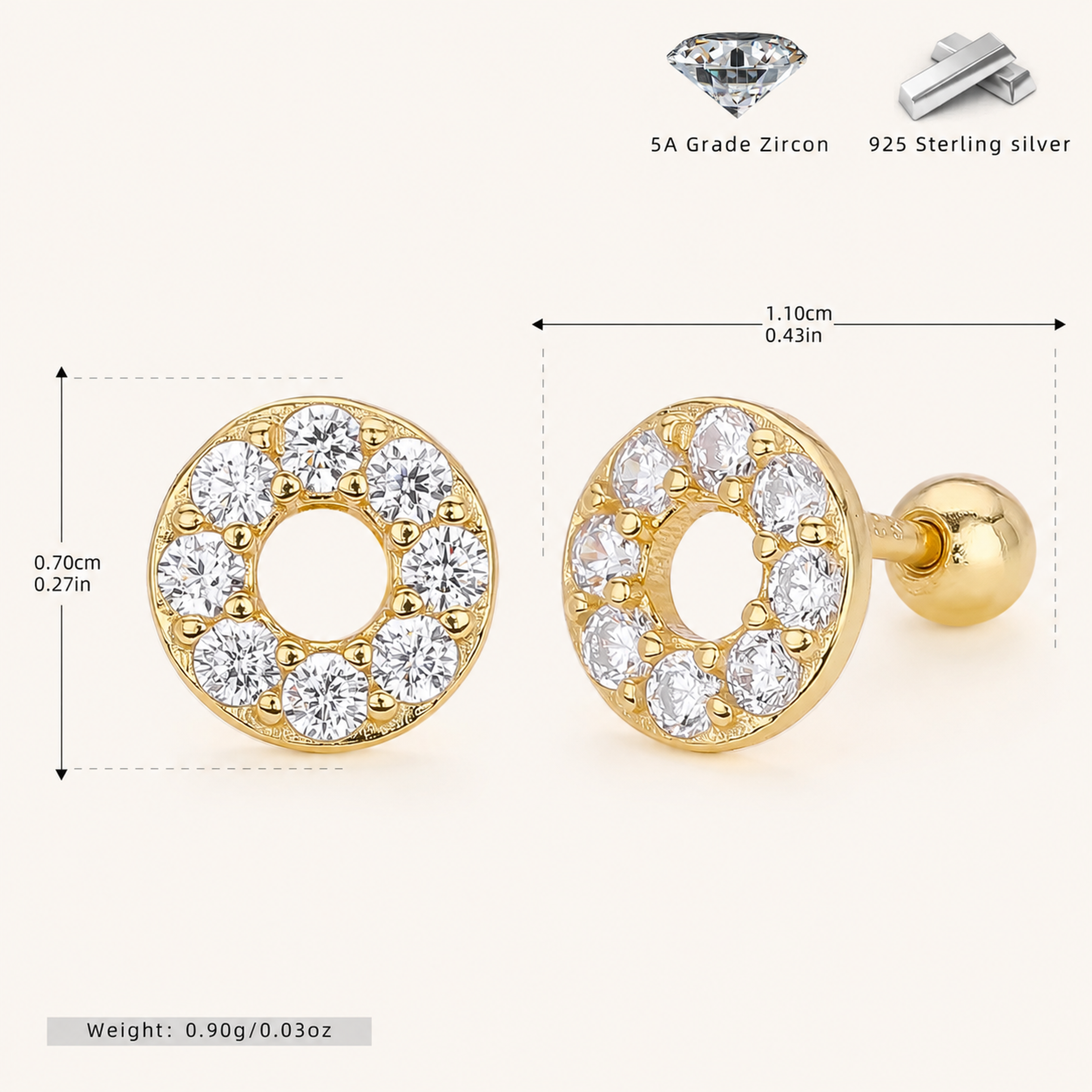 Sterling Silver Twisted Zirconia Circle Flat Back Earrings - Gold
