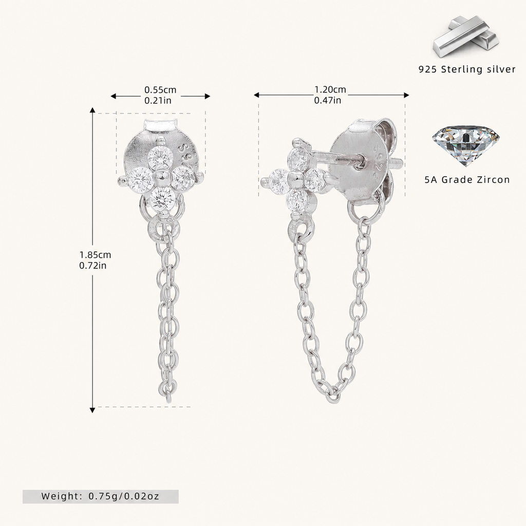Sterling Silver Zirconia Flower Tassel Drop Stud Earrings - Platinum