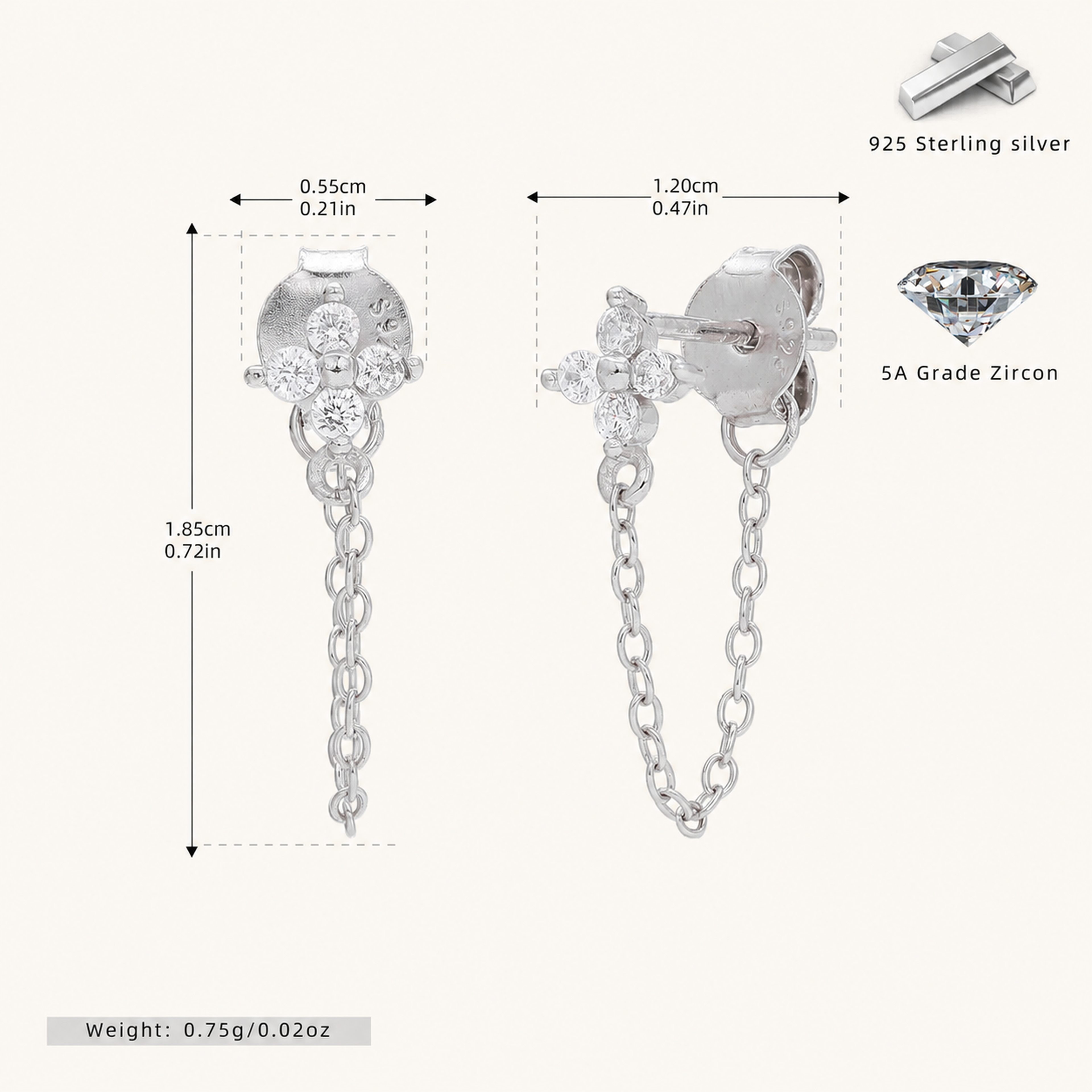 Sterling Silver Zirconia Flower Tassel Drop Stud Earrings - Platinum