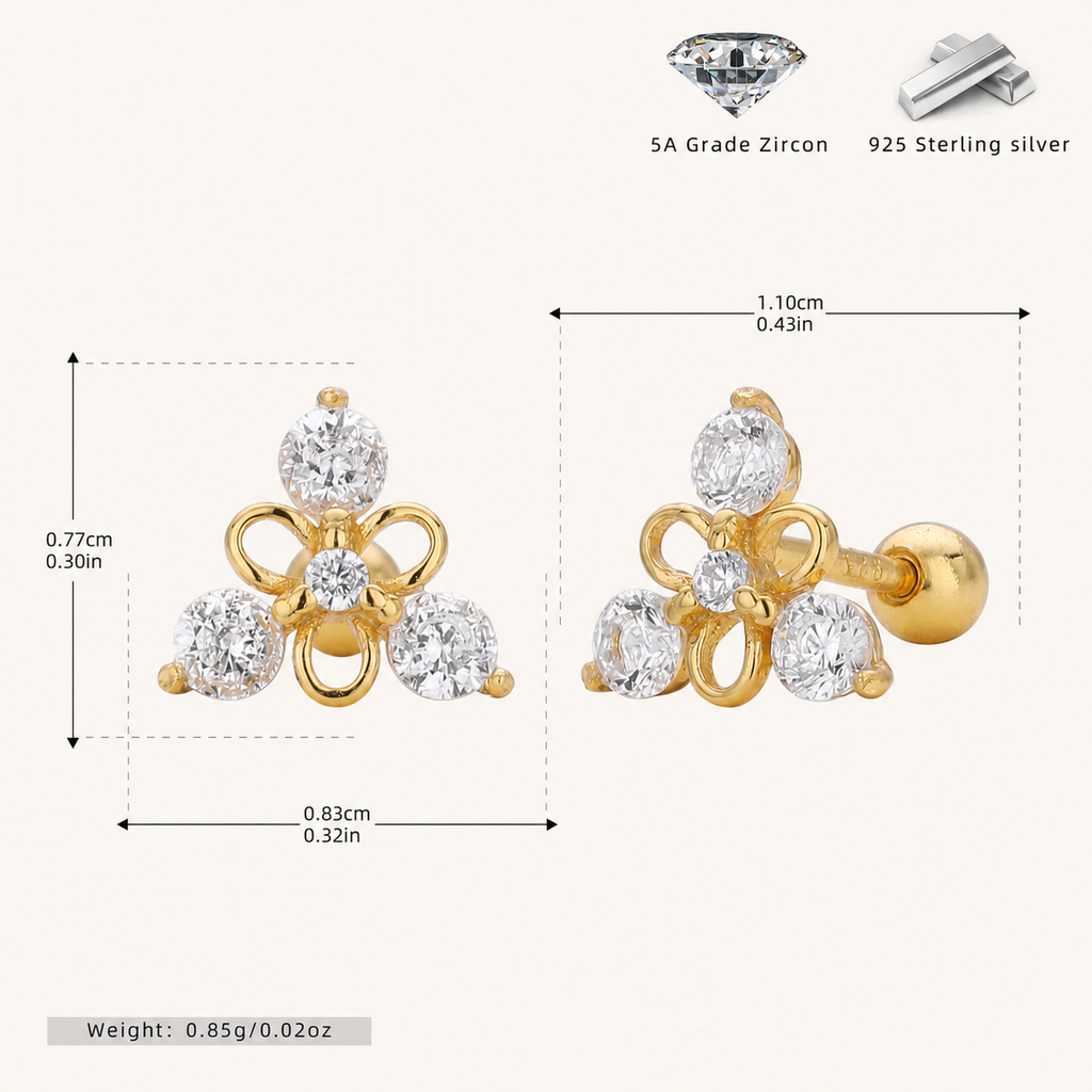Sterling Silver Triangle Zirconia Flat Back Earrings - Gold / White