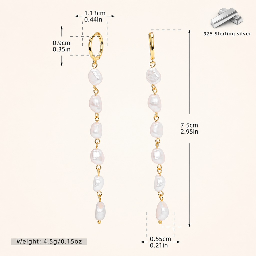 Sterling Silver Pearl Drop Hoop Earrings - Gold