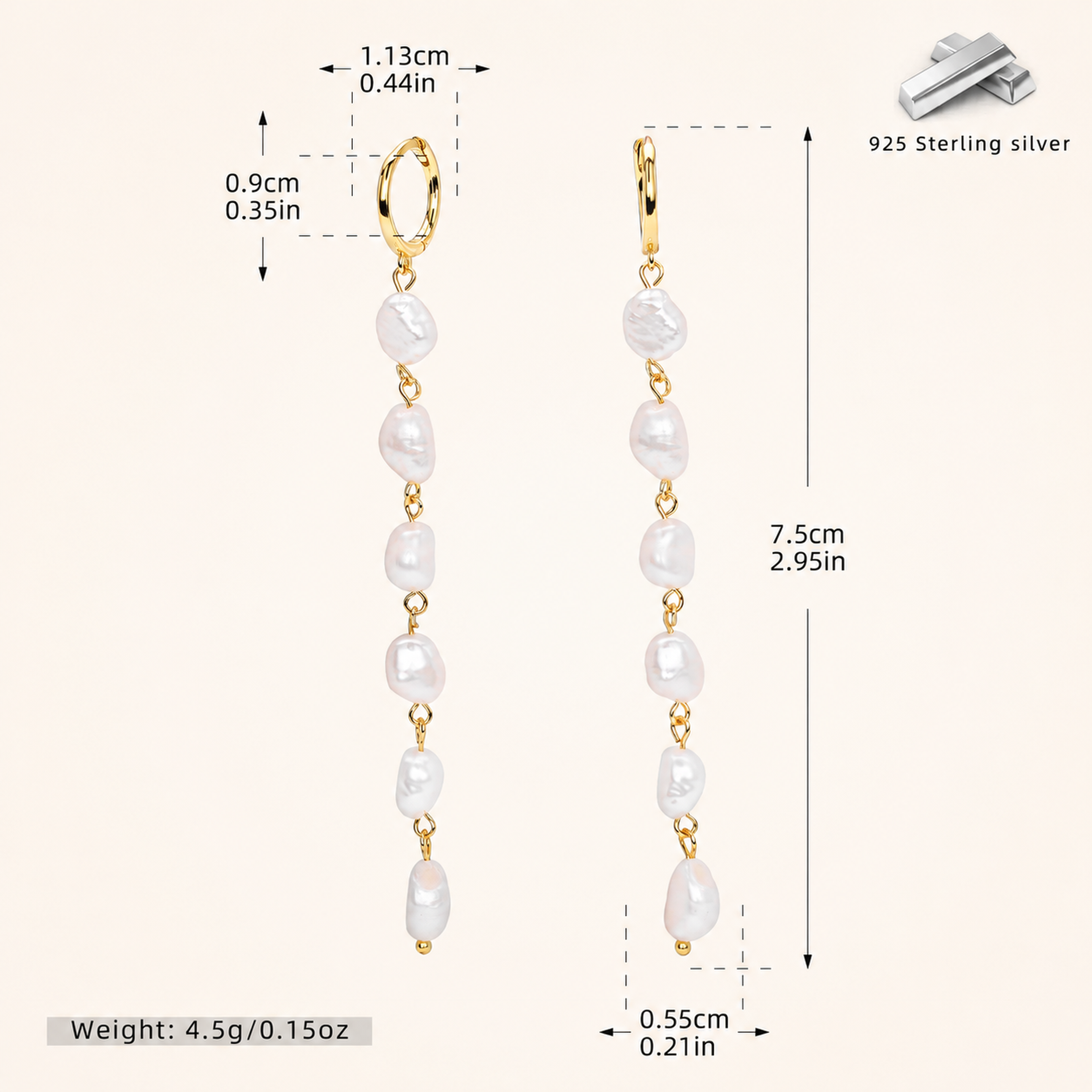 Sterling Silver Pearl Drop Hoop Earrings - Gold