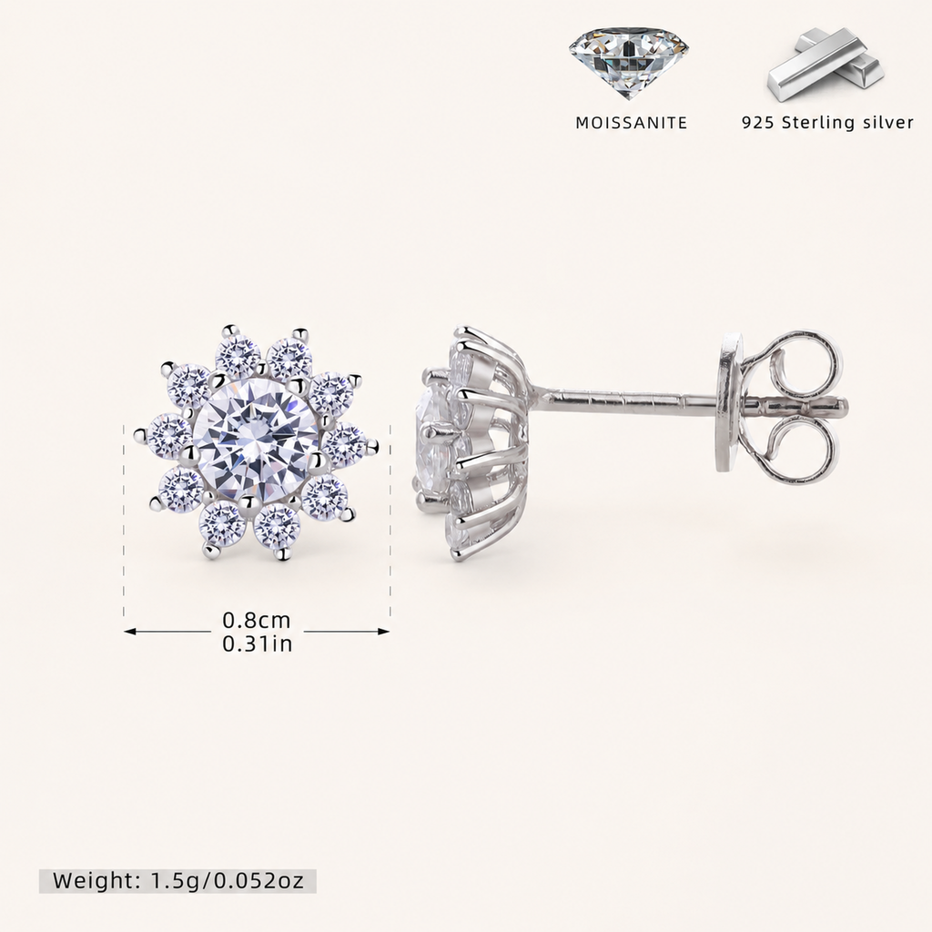 Sterling Silver Moissanite Sunflower Stud Earrings - Platinum