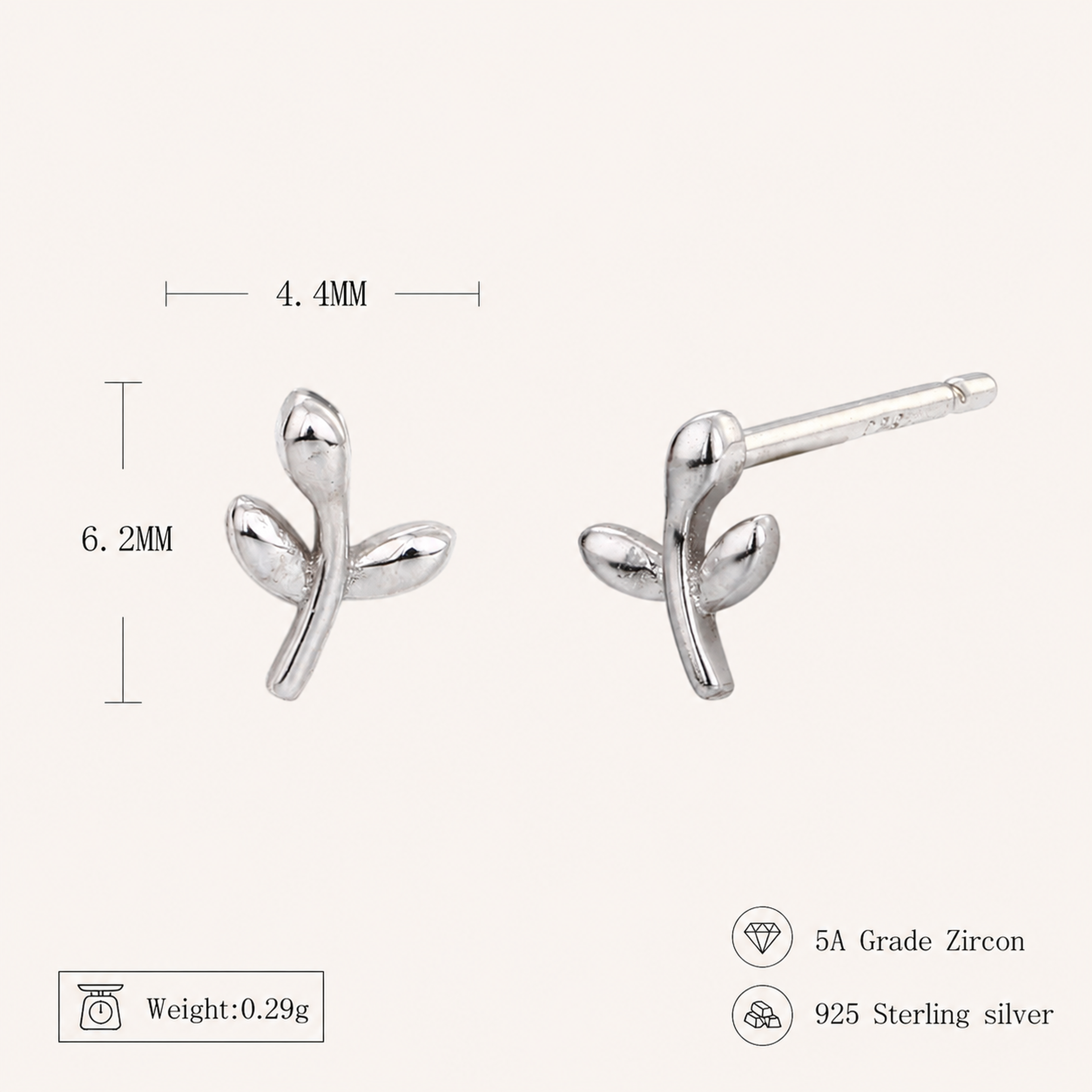 Sterling Silver Leaf Stud Earrings - Platinum