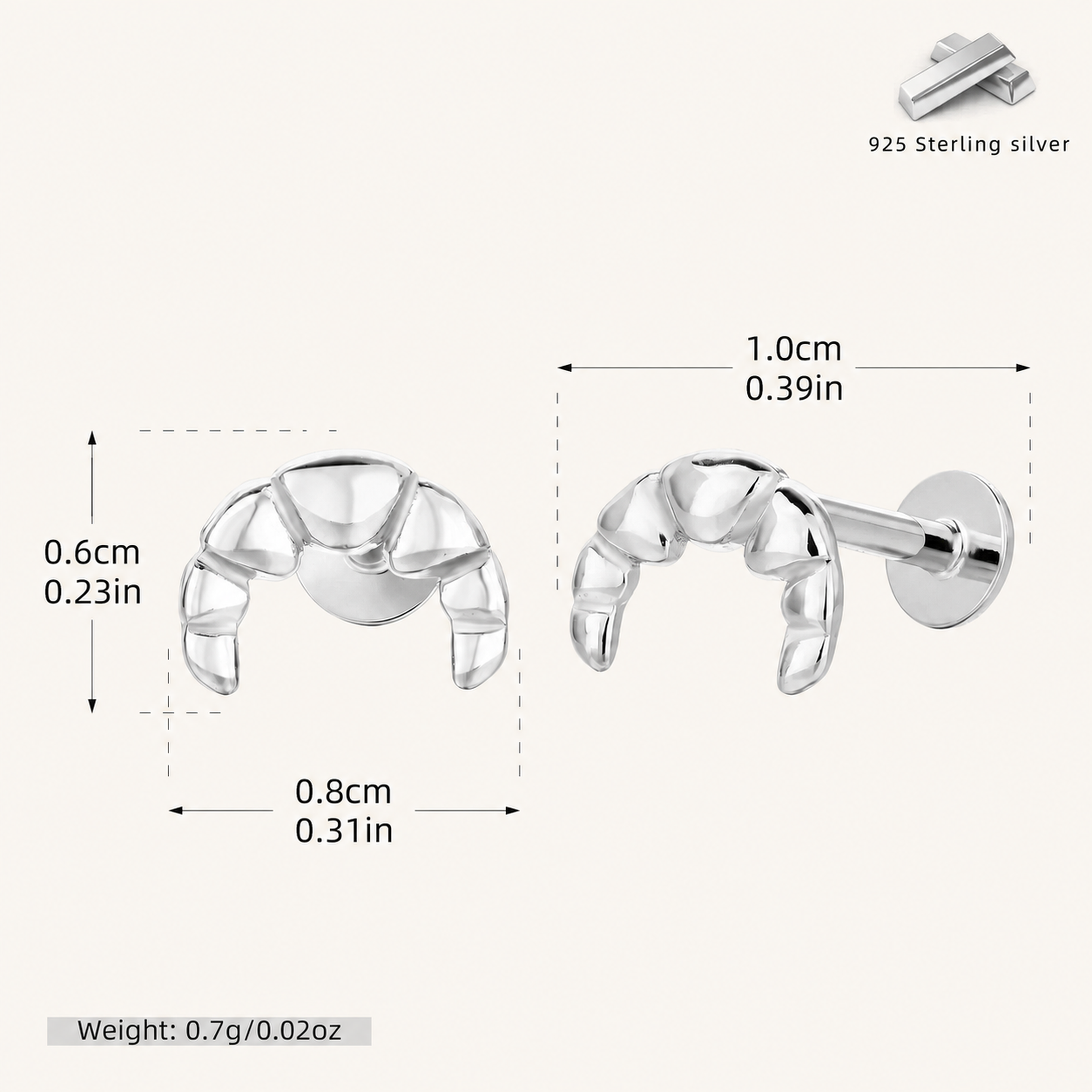 Sterling Silver Croissant Twist Flat Back Earrings - Platinum