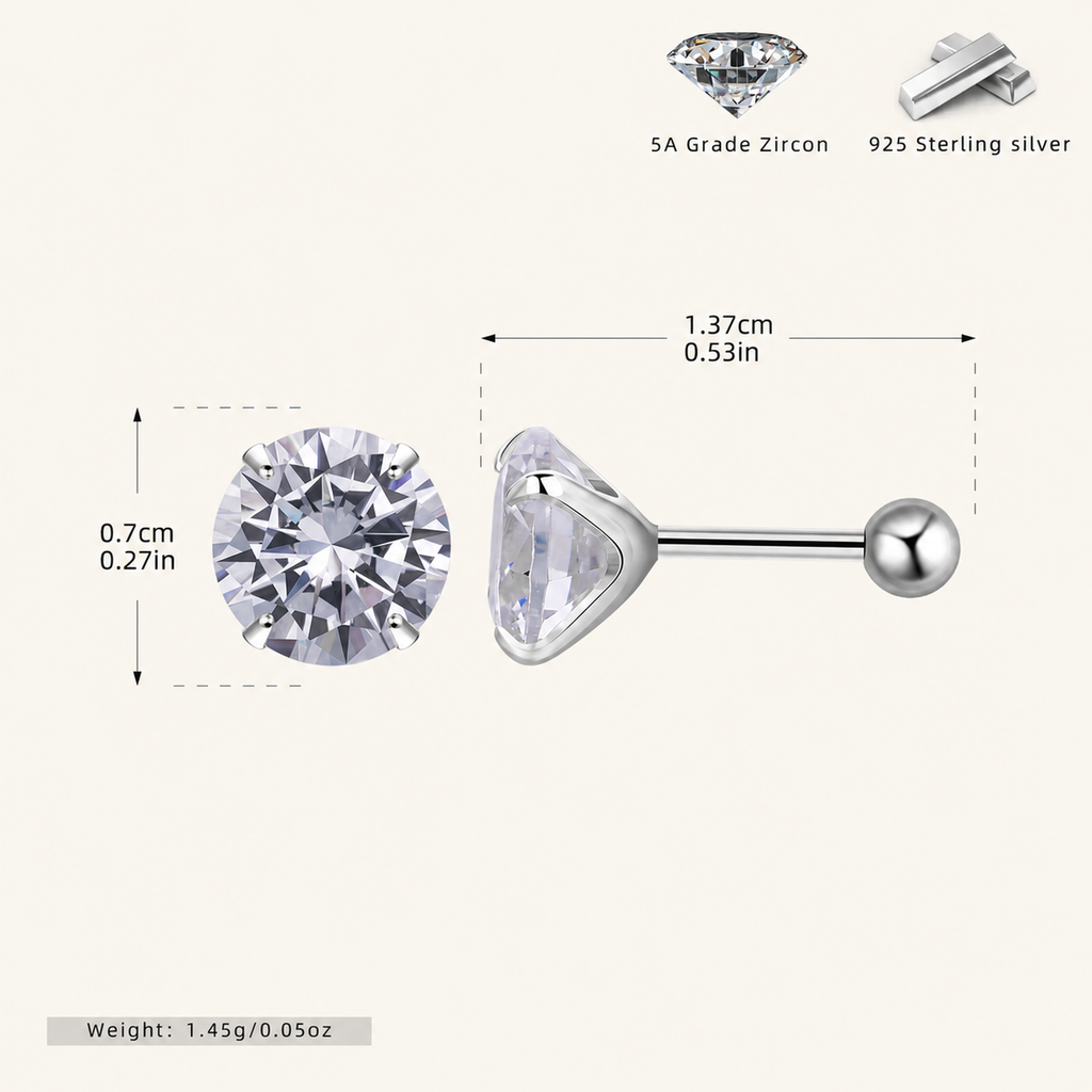 Sterling Silver Four-Prong Zirconia Flat Back Earrings - Platinum / 7mm